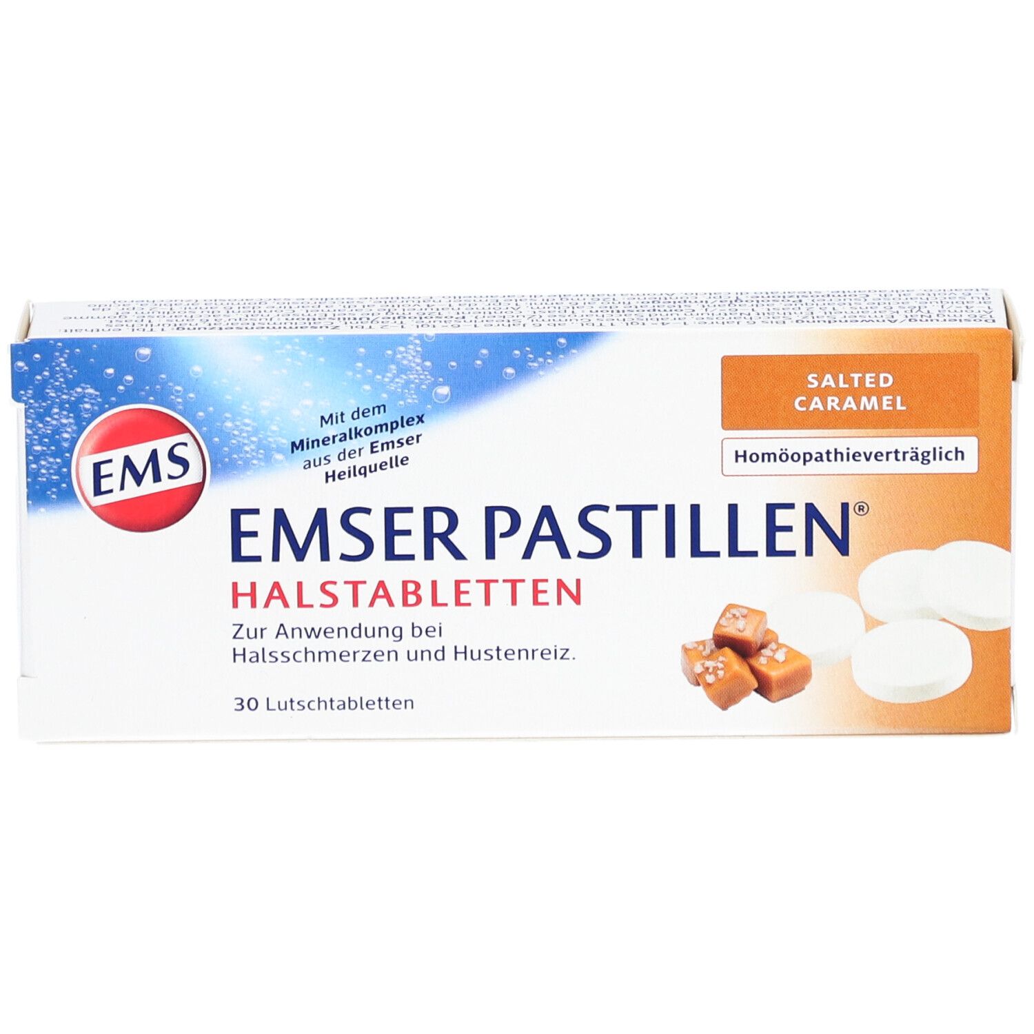 Wit en blauw doosje EMSER Pastillen. Opschrift: 30 zuigtabletten, Salted Caramel. Afbeelding van pastilles en karamel snoepjes.