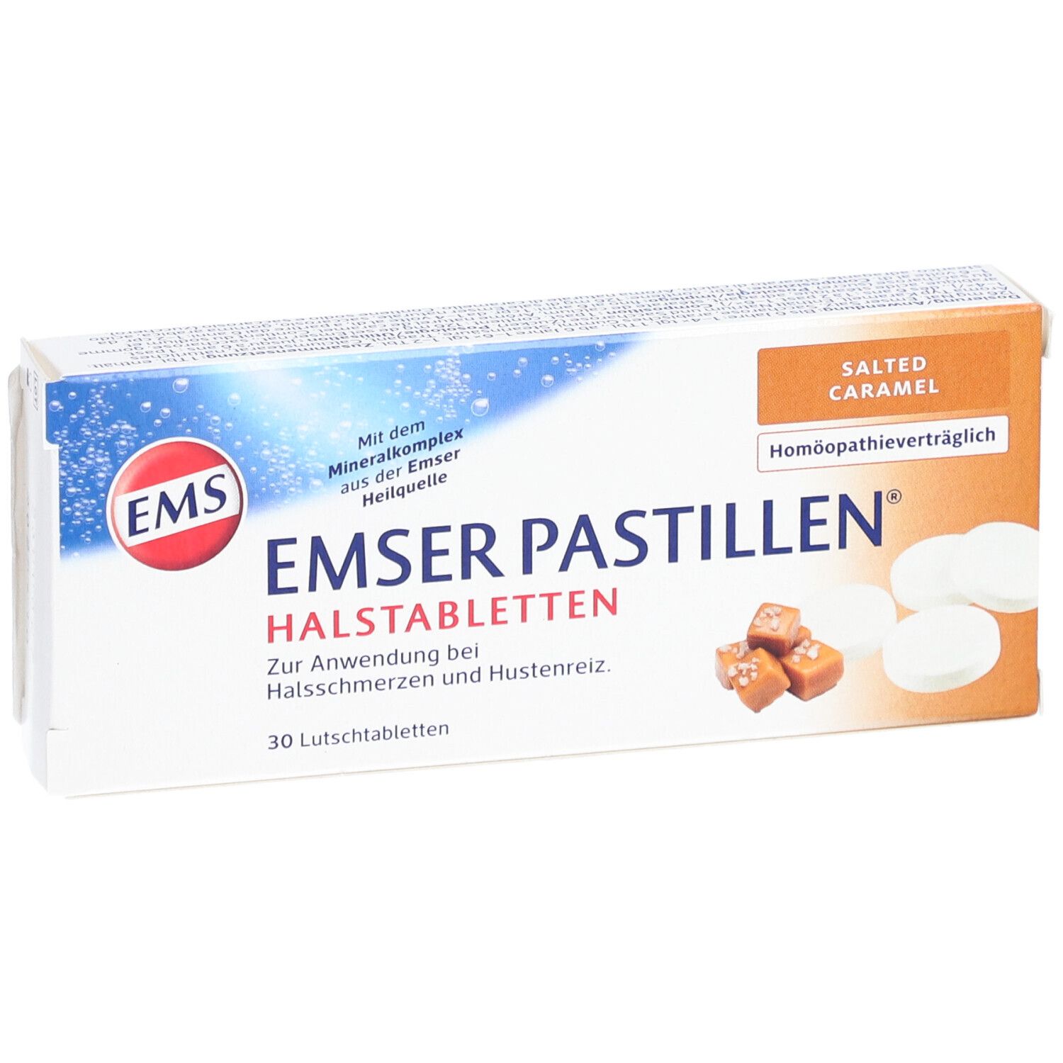 Doosje EMSER Pastillen, Salted Caramel. Opschrift: 30 zuigtabletten. Zichtbaar: pastilles, karamel snoepjes.