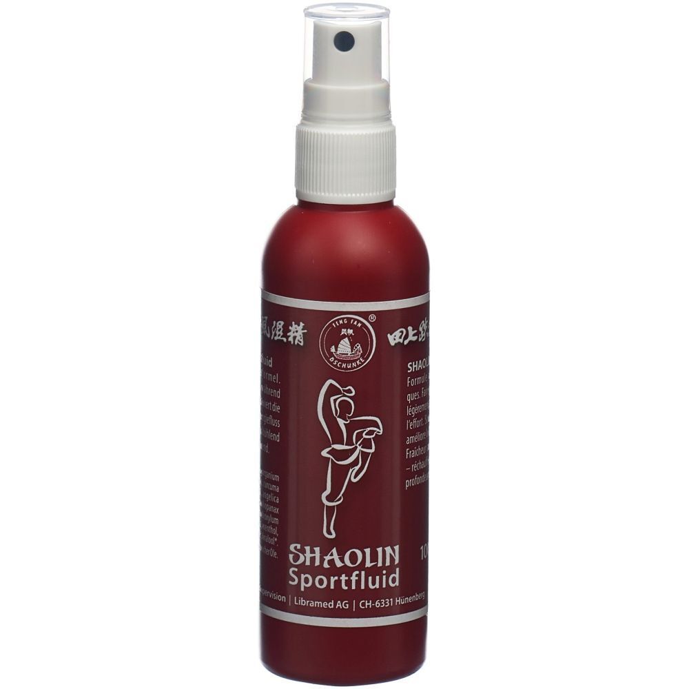 Flacon rouge avec vaporisateur blanc. Inscription : SHAOLIN Sportfluid. Logo : Personne en posture de yoga.