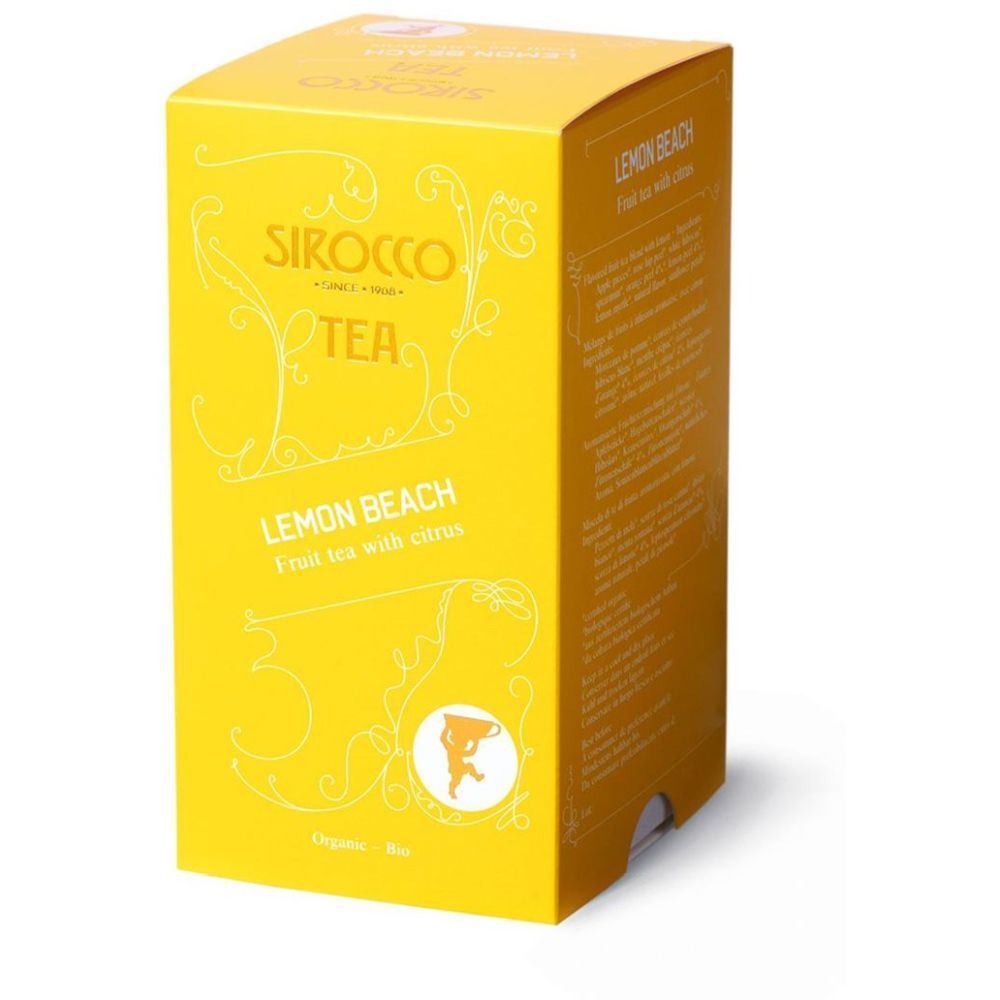 Boîte jaune "Sirocco Tea Lemon Beach". Inscription : "Fruit tea with citrus". Label bio.