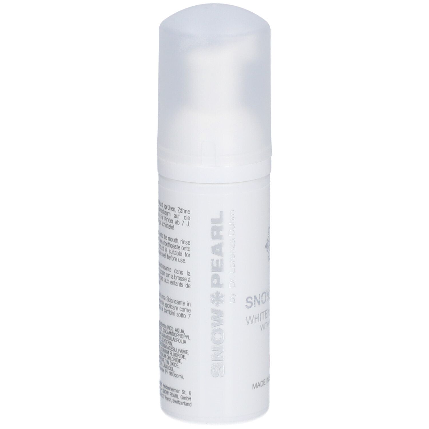 Flacon pompe blanc avec bouchon transparent. Inscription : SNOW PEARL WHITENING FOAM.