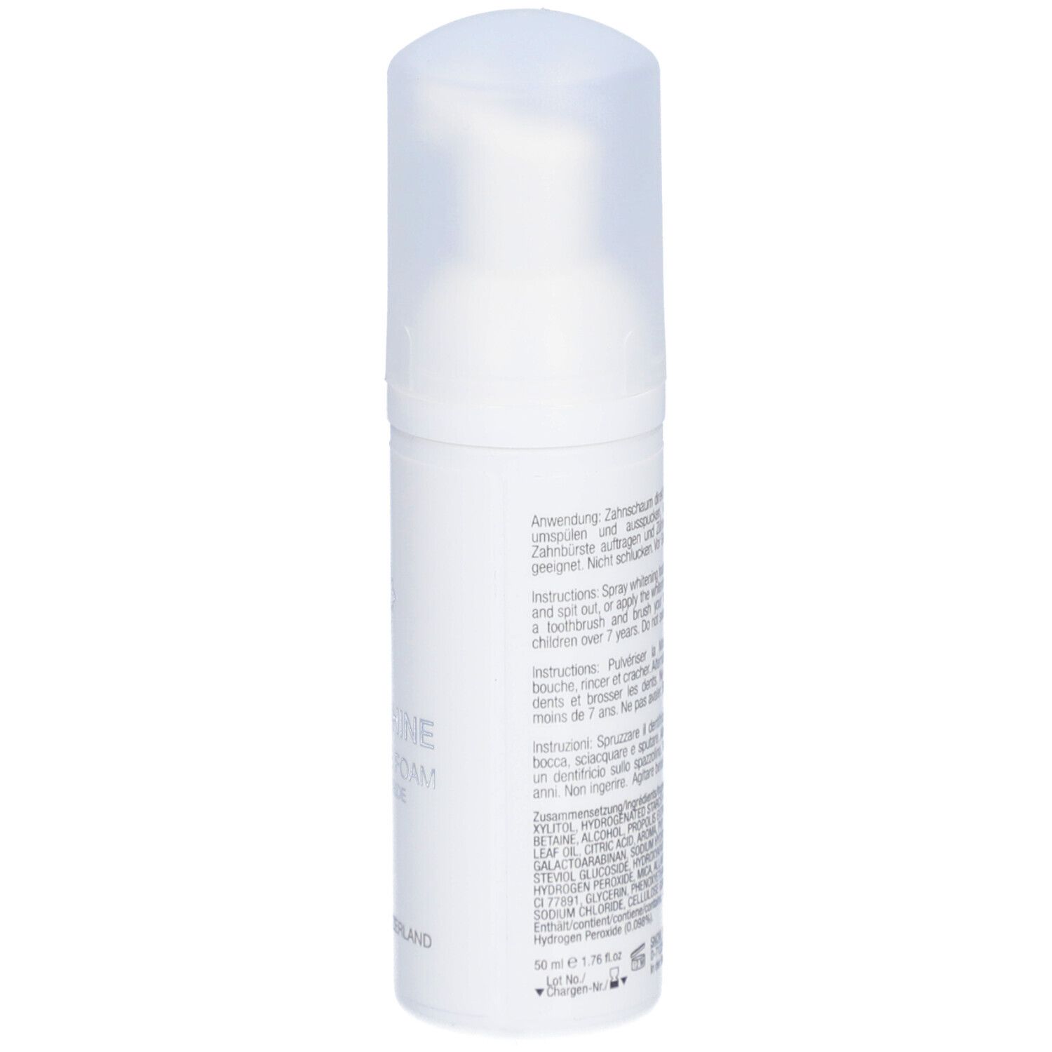 Flacon pompe blanc avec bouchon transparent. Contient une mousse de soin dentaire.