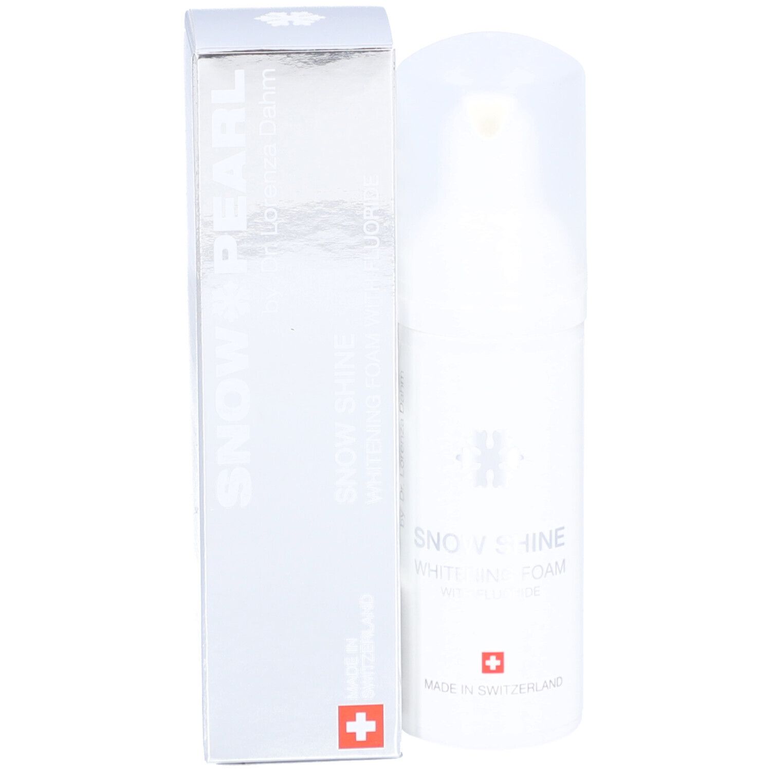 Flacon de mousse blanc avec emballage argenté. Comprend un logo de croix suisse.