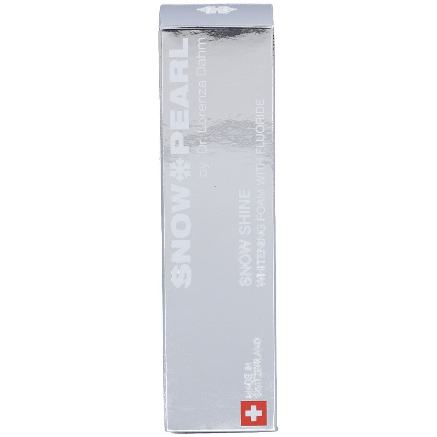 Emballage argenté pour Snow Pearl Whitening Foam avec fluorure. Fabriqué en Suisse.