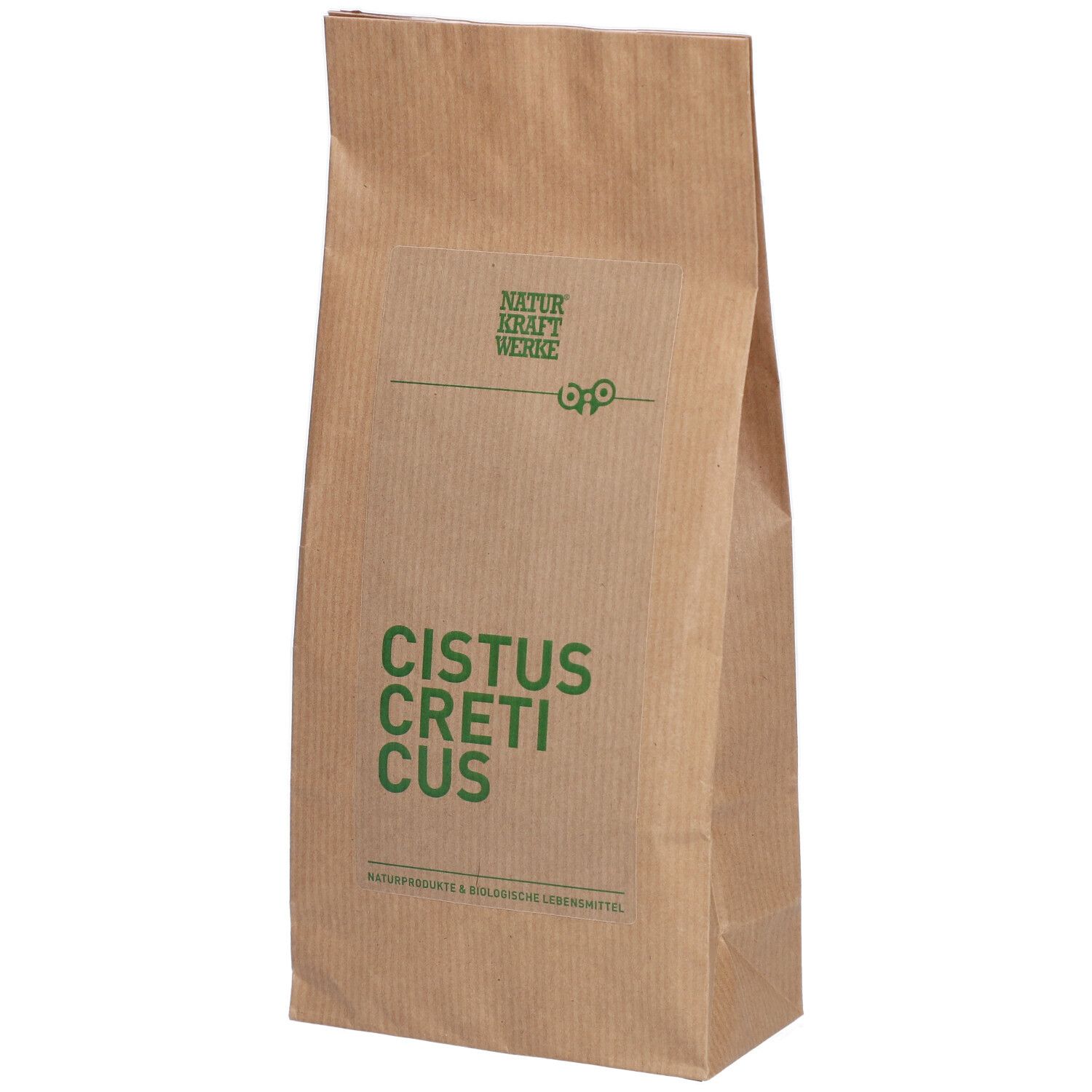 Sac en papier brun avec inscription verte 'CISTUS CYCLAMUS'. Logo Naturkraftwerke en haut.
