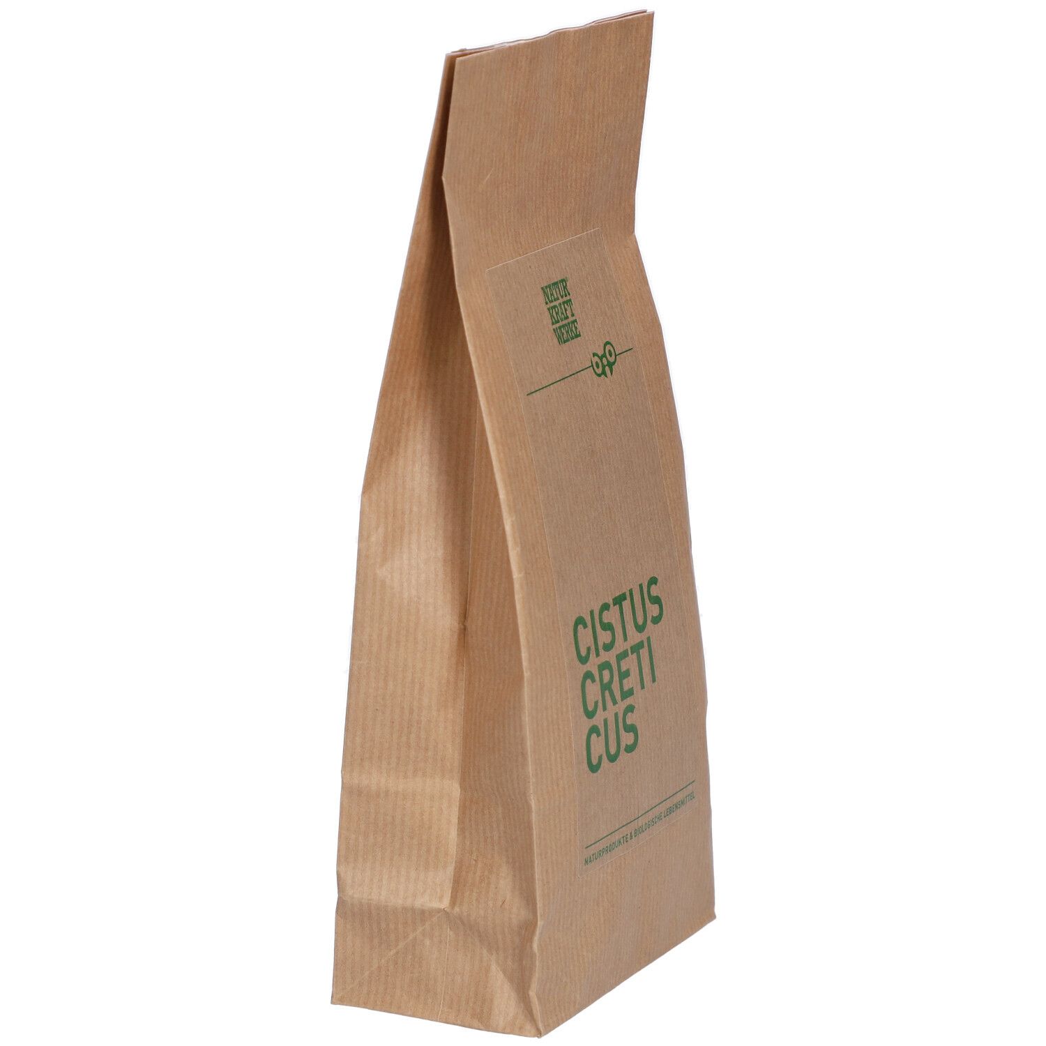 Côté d'un sac en papier brun avec inscription verte 'CISTUS CYCLAMUS'.