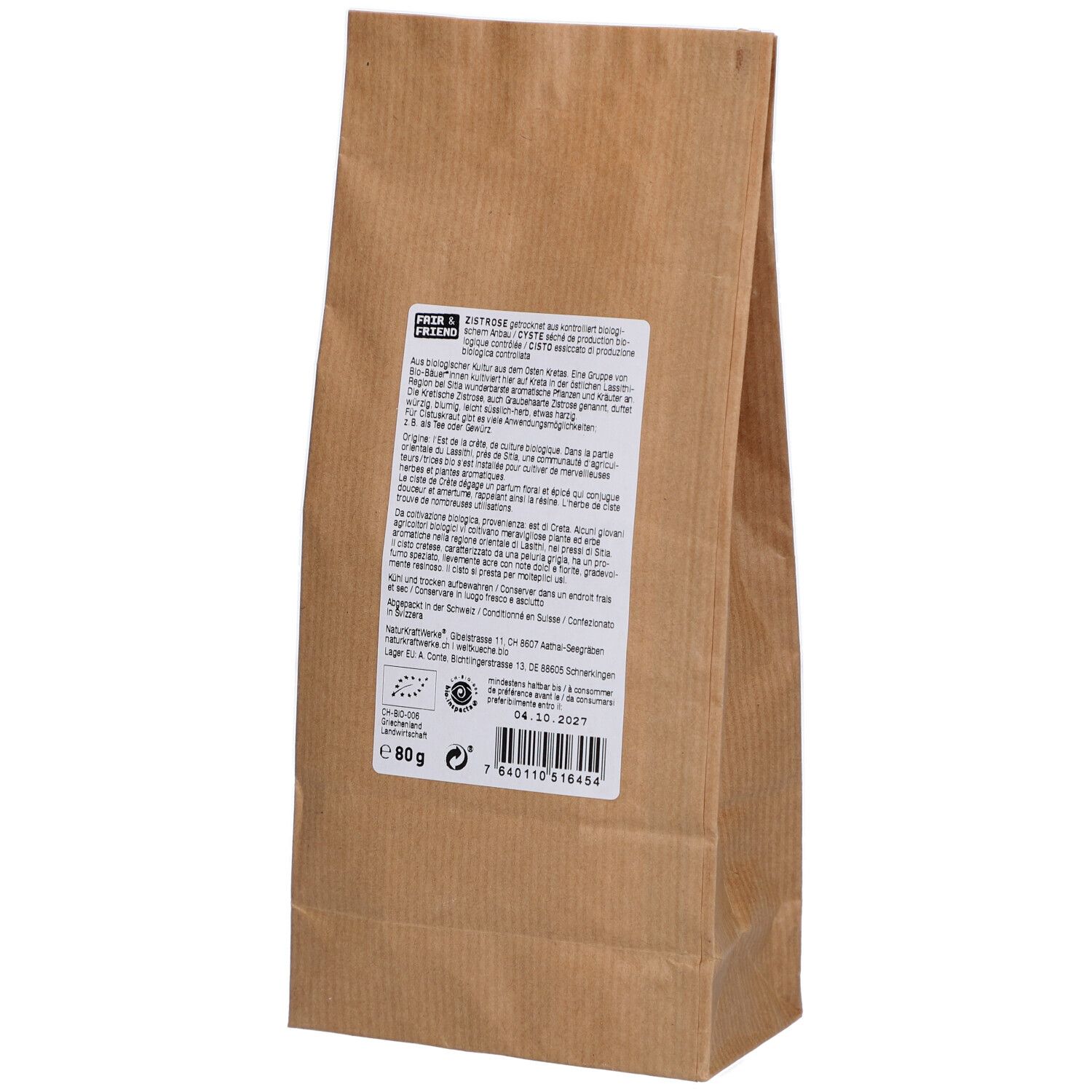 Dos d'un sac en papier brun avec étiquette et informations produit. Mention 80g visible.