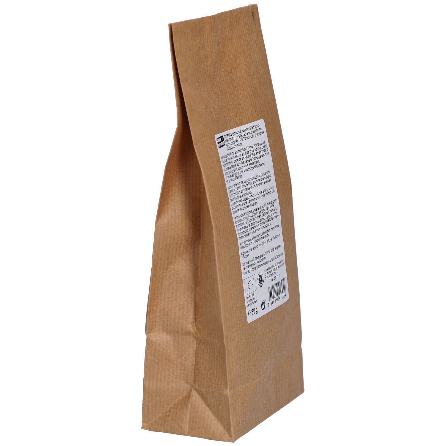 Côté d'un sac en papier brun avec étiquette et informations produit. Mention 80g visible.
