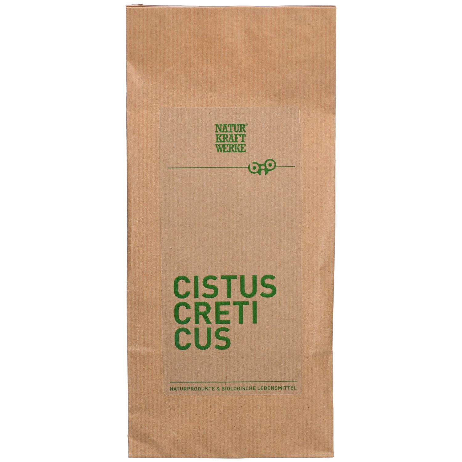Sac en papier brun avec inscription verte 'CISTUS CYCLAMUS'. Logo Naturkraftwerke en haut.