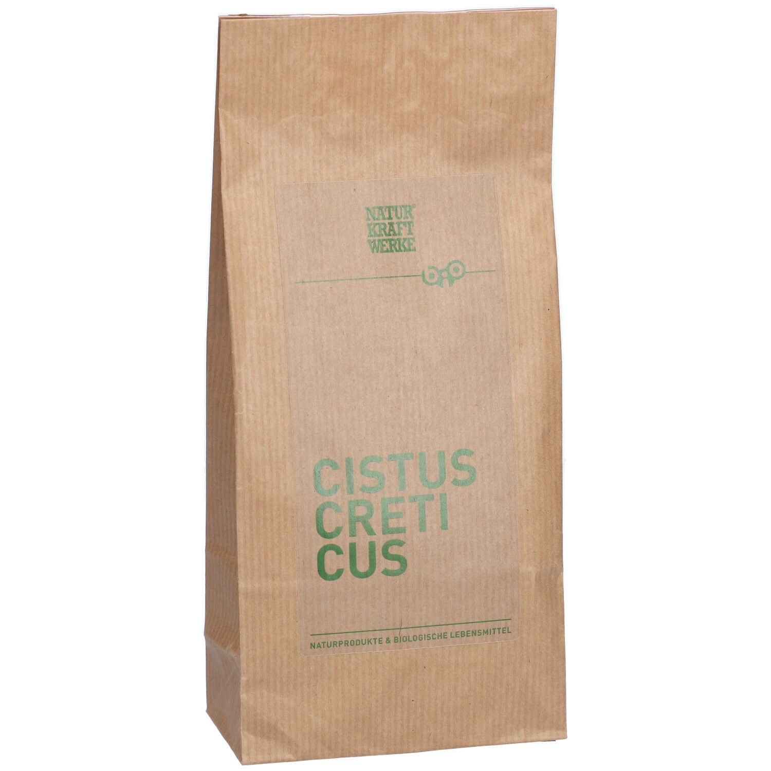 Sac en papier brun avec inscription verte 'CISTUS CYCLAMUS'. Logo Naturkraftwerke en haut.