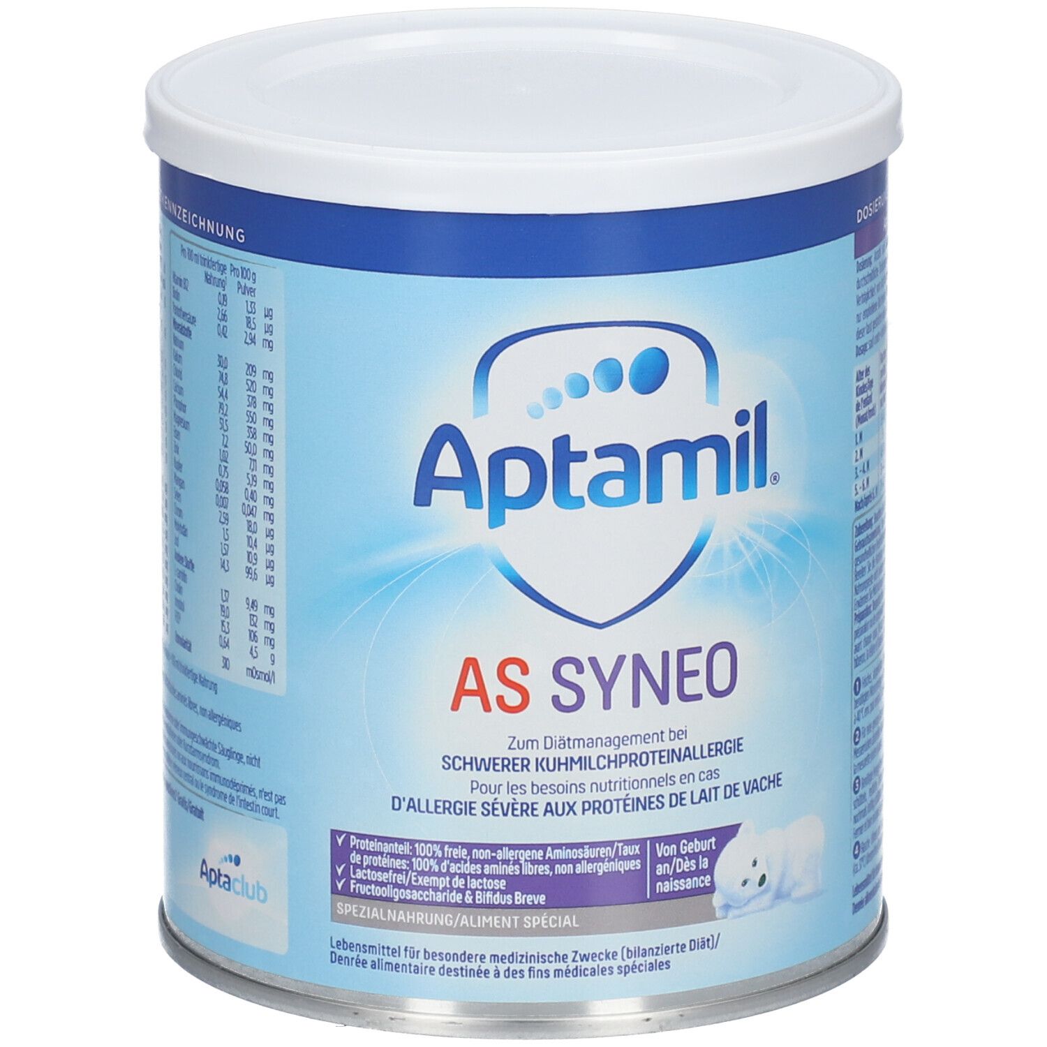 Aptamil AS Syneo blik. Blauw en wit. Opschrift: AS SYNEO, voor ernstige koemelkeiwitallergie. Met logo en tekst.