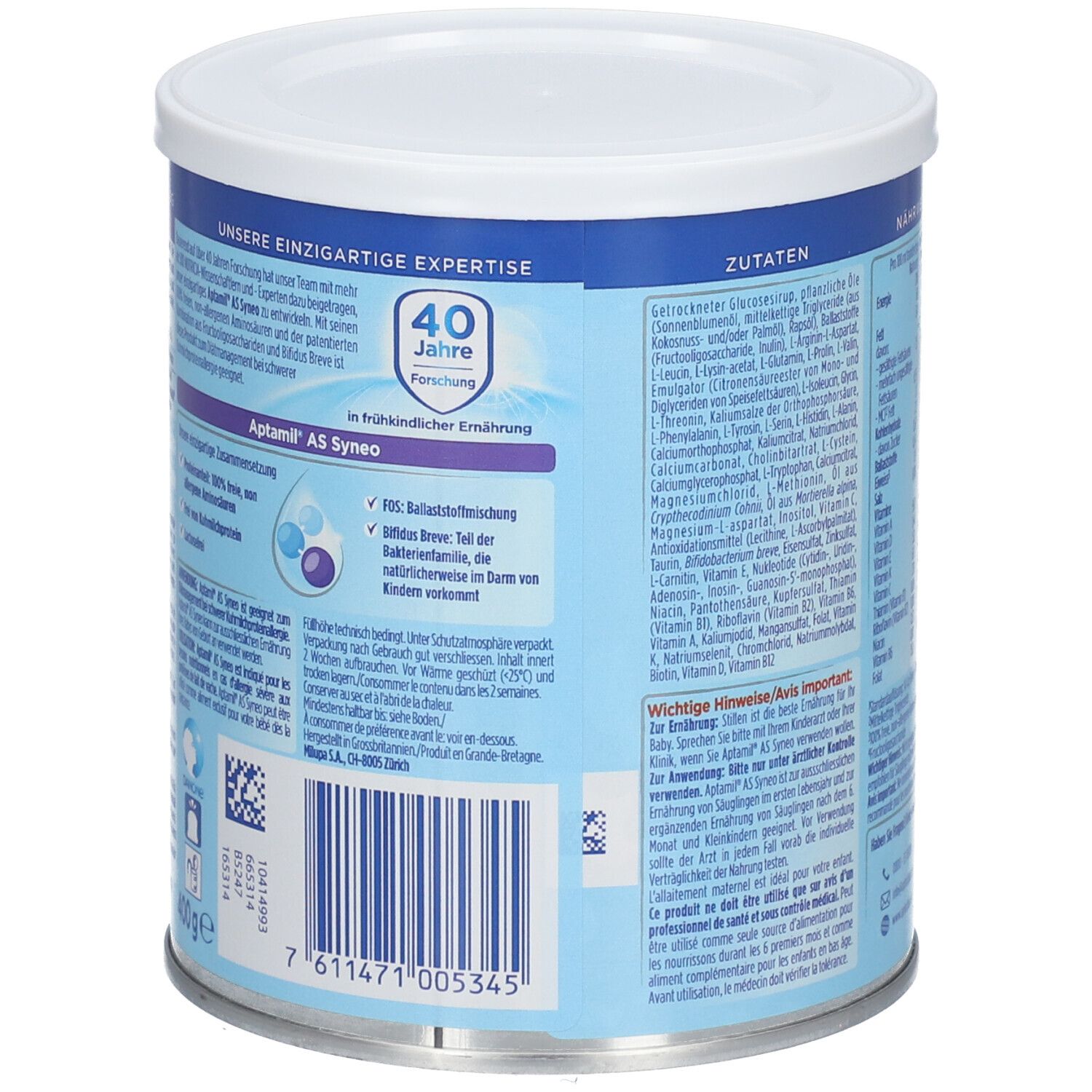 Achterkant Aptamil AS Syneo blik. Tekst over expertise en ingrediënten. Barcode en Aptaclub logo.