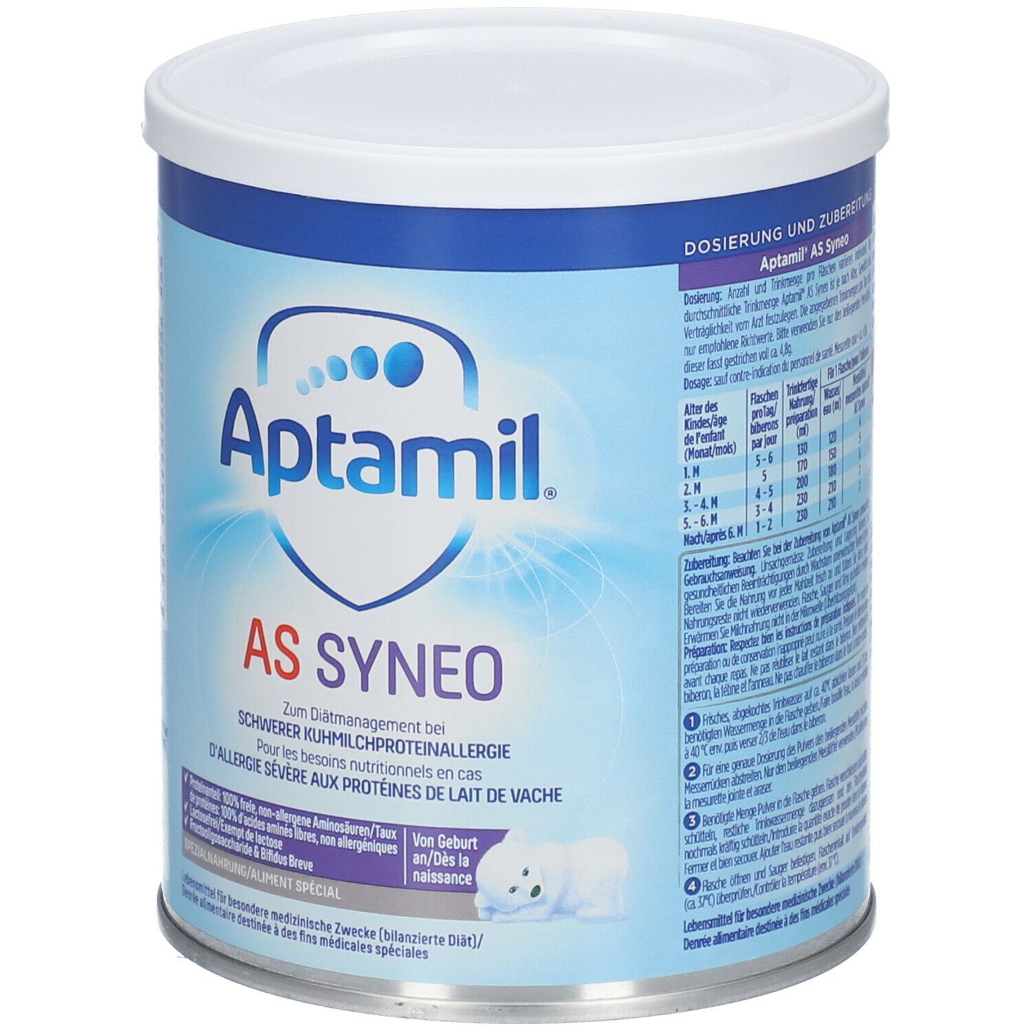 Aptamil AS Syneo blik. Blauw en wit. Opschrift: AS SYNEO, voor ernstige koemelkeiwitallergie. Met logo en tekst.