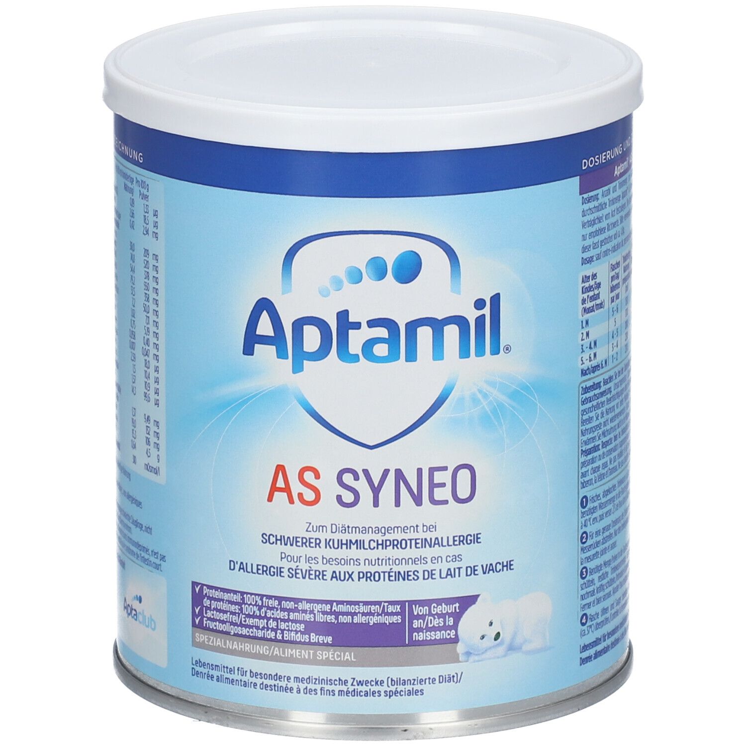 Aptamil AS Syneo blik. Blauw en wit. Opschrift: AS SYNEO, voor ernstige koemelkeiwitallergie. Met logo en tekst.