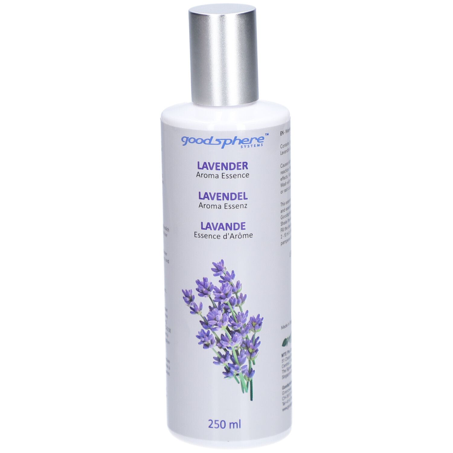 Fles met zilveren dop. Opschrift: LAVENDEL Aroma Essenz. Illustratie van lavendelbloemen. 250 ml.
