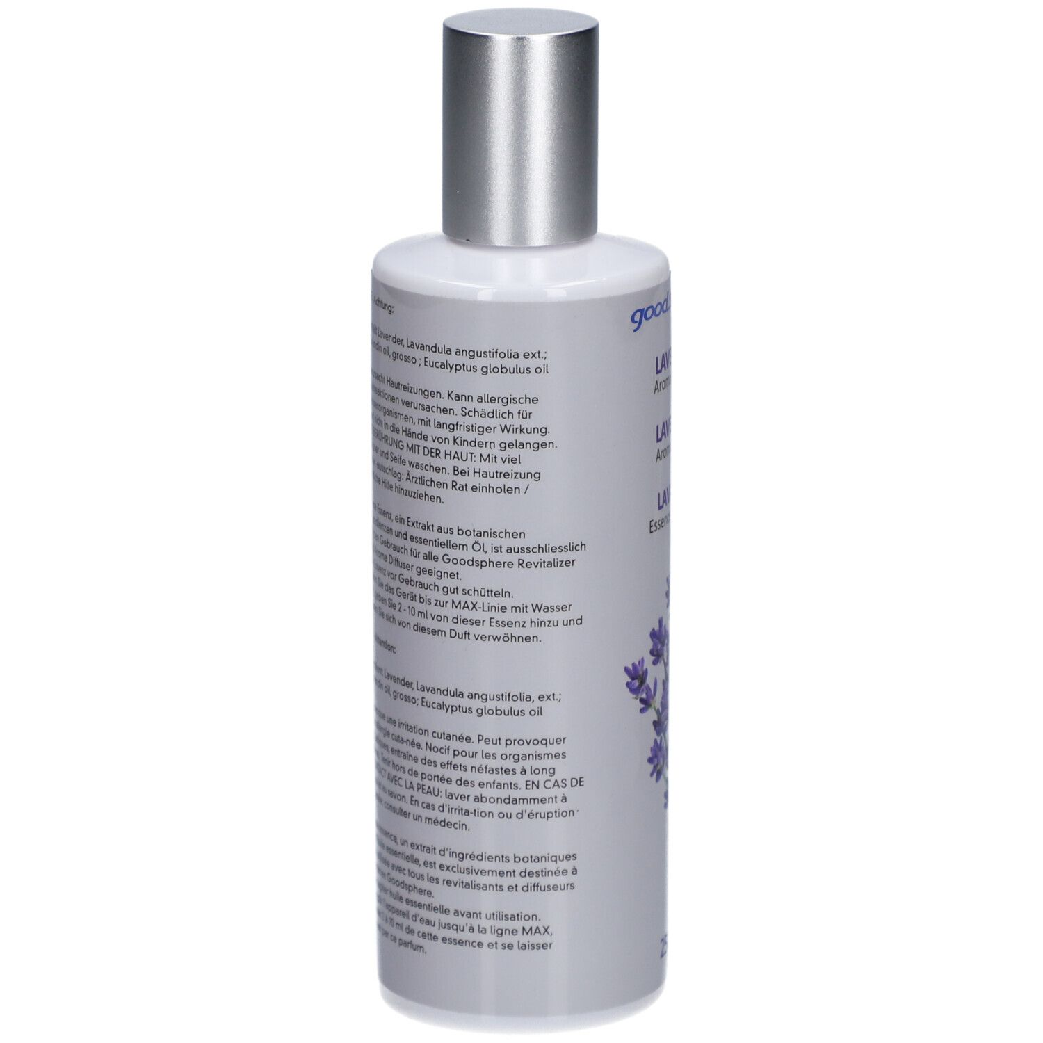 Fles met tekst. Bevat lavendelolie. Gebruiksaanwijzing en waarschuwingen. Ingrediënten op de achterkant.