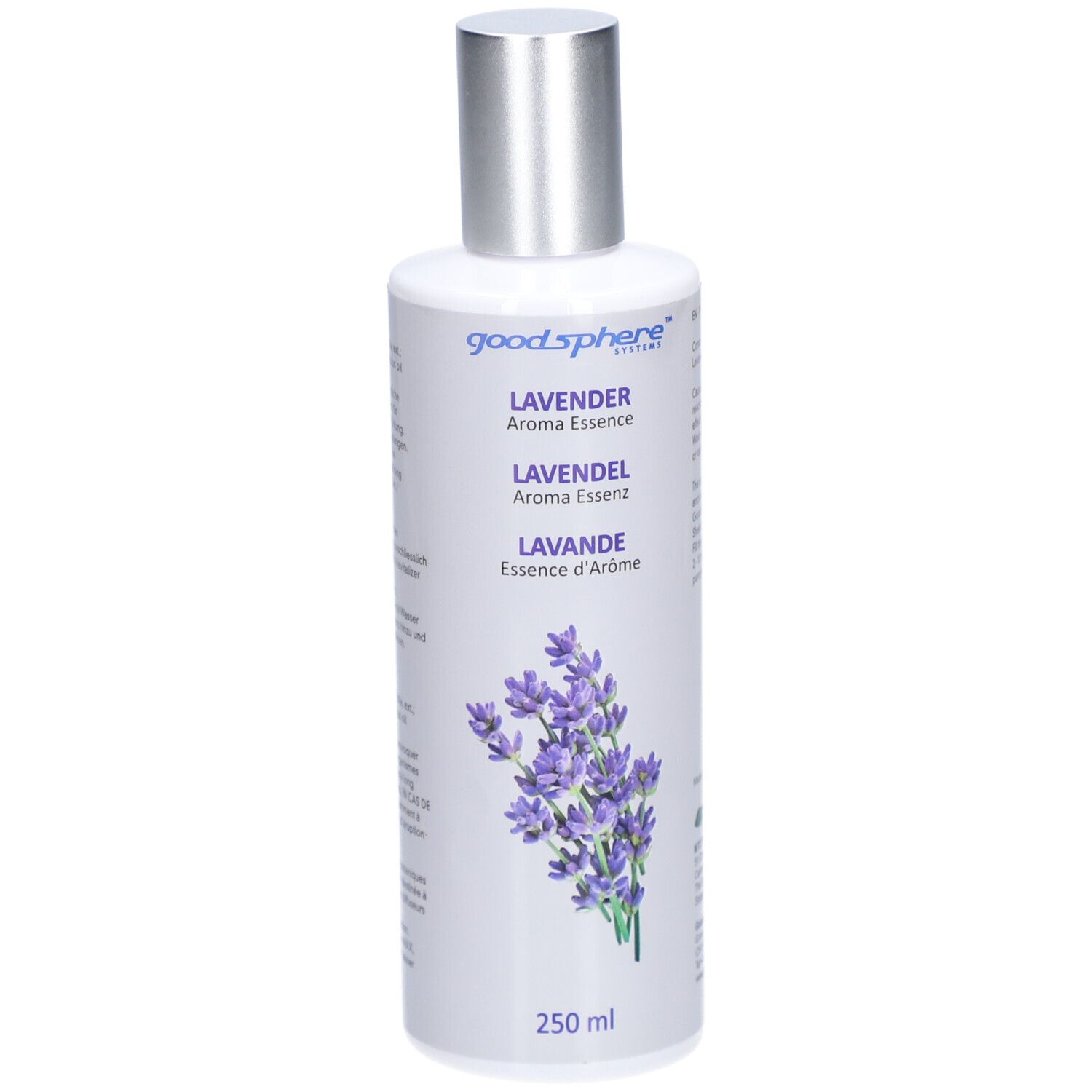 Fles met zilveren dop. Opschrift: LAVENDEL Aroma Essenz. Illustratie van lavendelbloemen. 250 ml.