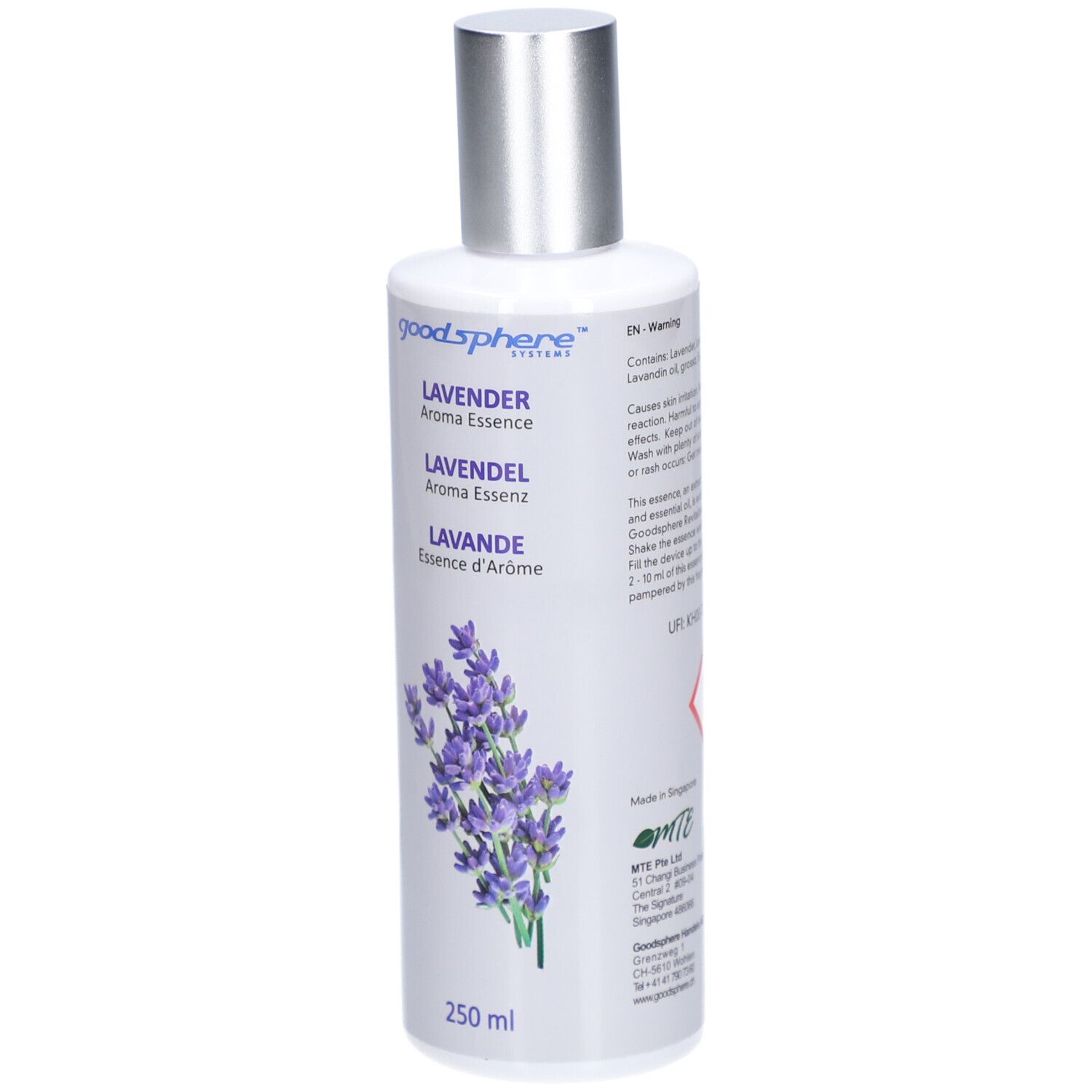 Fles met tekst. Bevat lavendelolie. Waarschuwing: Irriteert de huid. Gevaarsymbool. UFI-code.