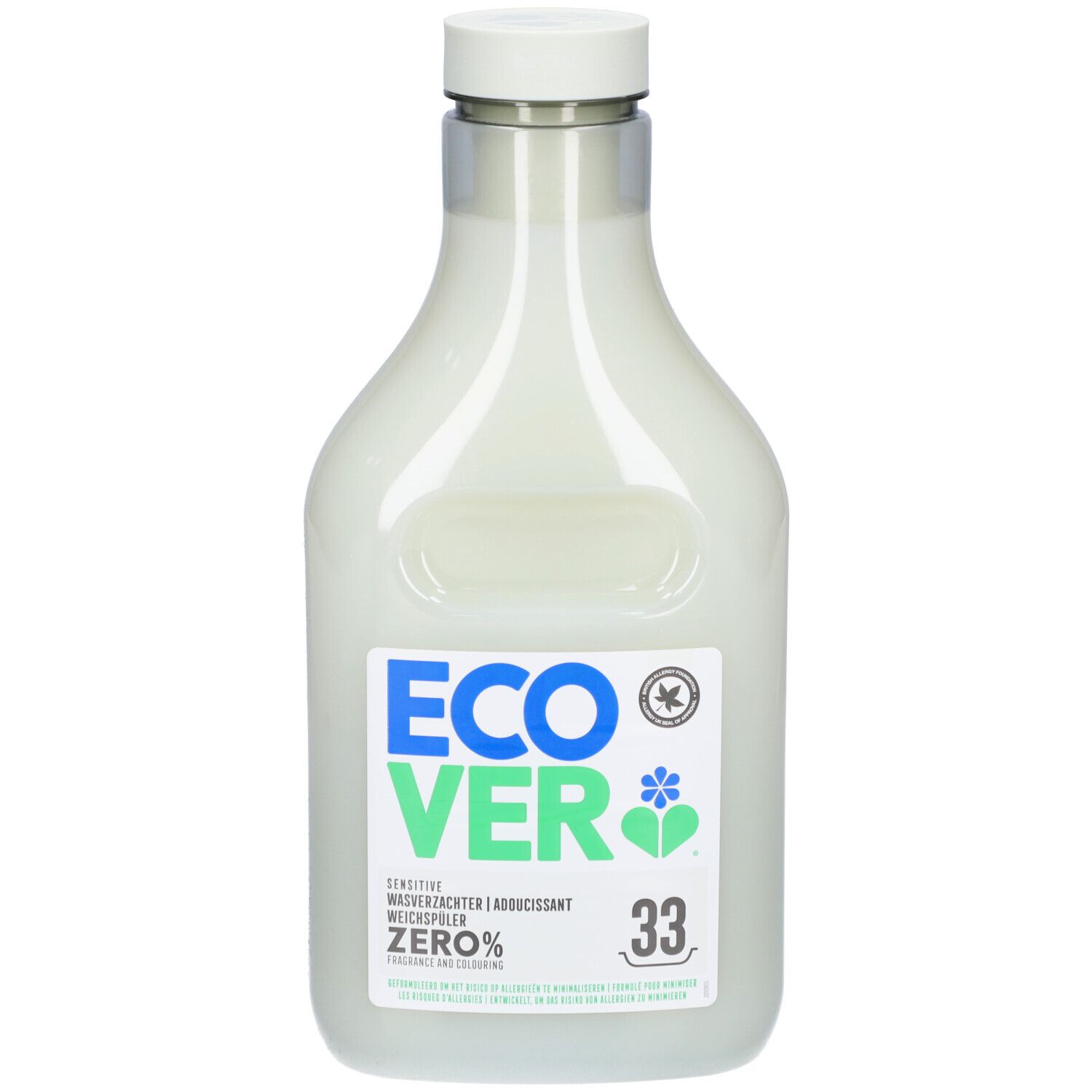 Fles met etiket. Opschrift: ECOVER Zero, 33. Groen-blauw logo. Certificeringstekens.