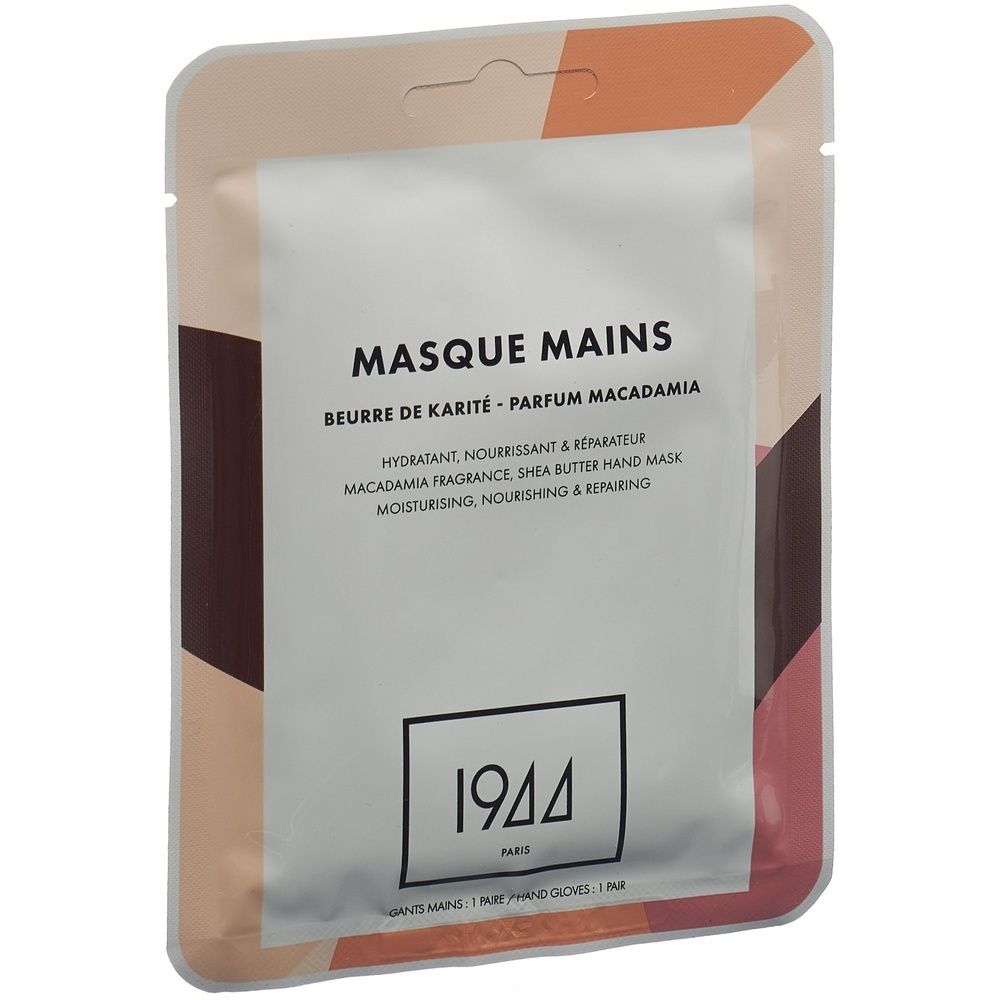 Masque mains en emballage. Texte: Masque Mains, beurre de karité, parfum macadamia. Marque 1944.