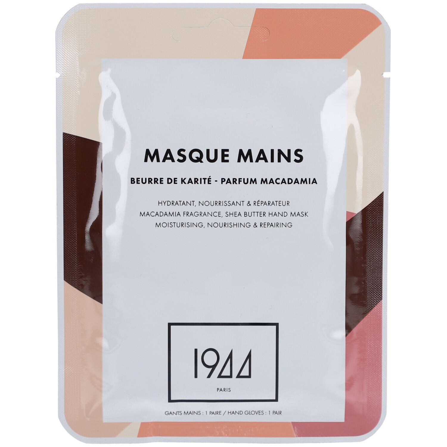 Dos de l'emballage du masque pour les mains. Texte: Ingrédients, mode d'emploi, testé dermatologiquement.