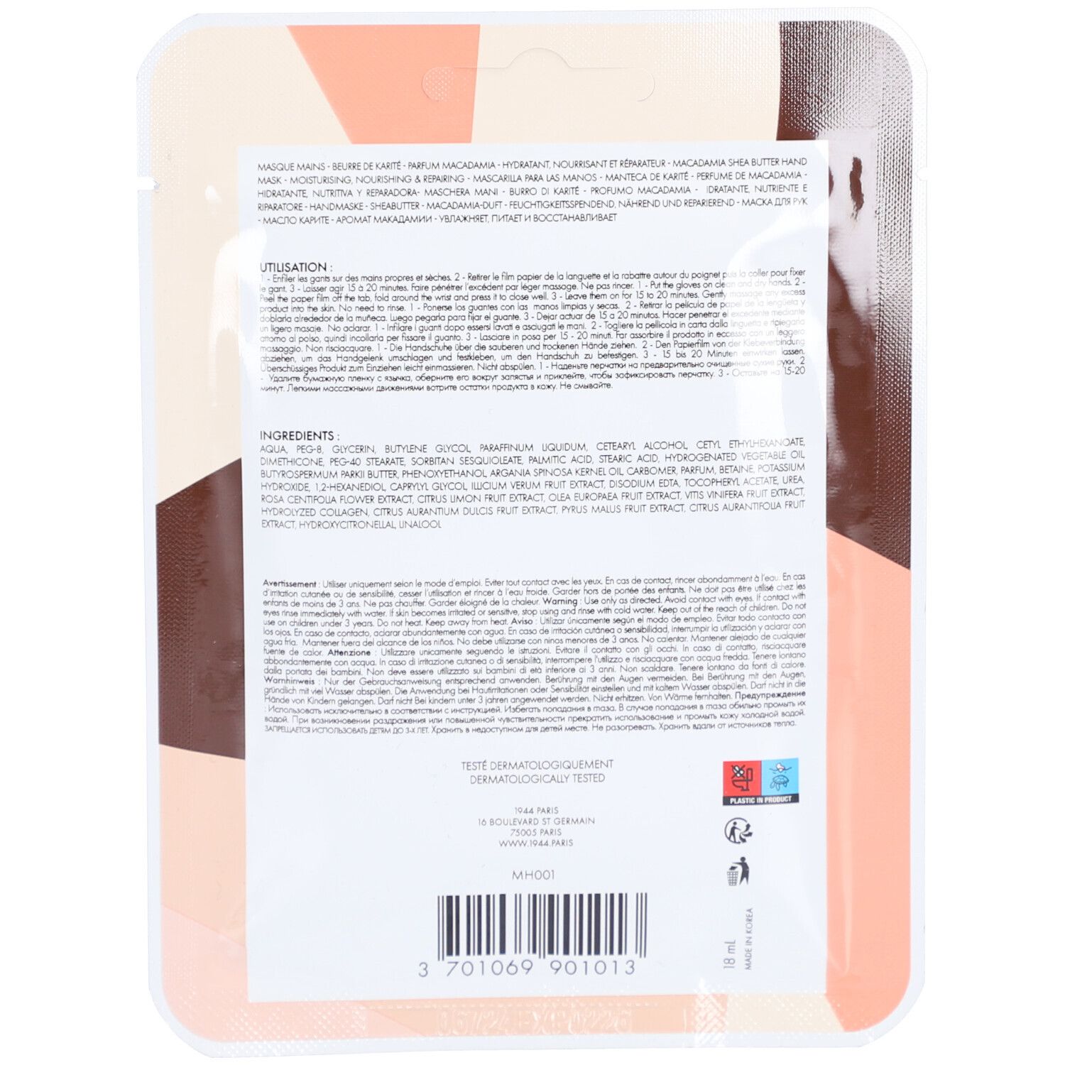 Dos de l'emballage du masque pour les mains. Texte: Ingrédients, mode d'emploi, testé dermatologiquement.