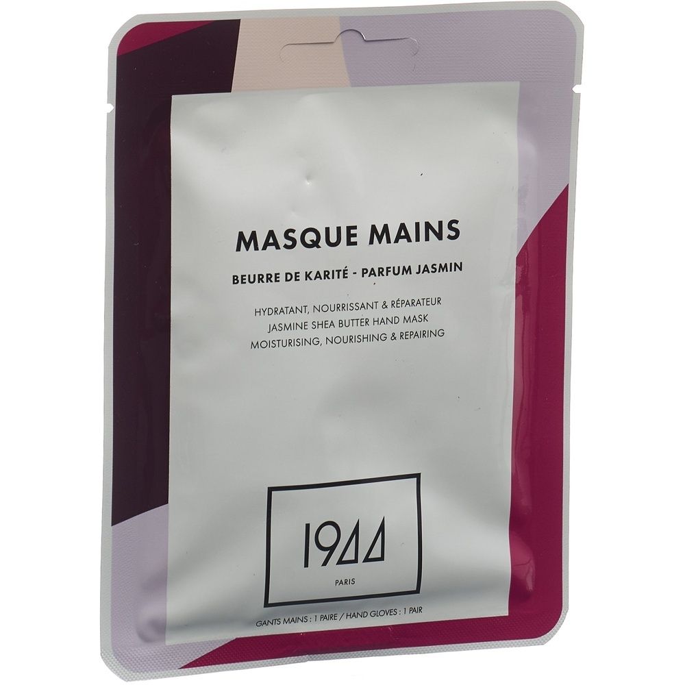 Handmasker in verpakking. Tekst: Masque Mains, Beurre de Karité - Parfum Jasmin, 1944 Paris. Roze en witte verpakking.