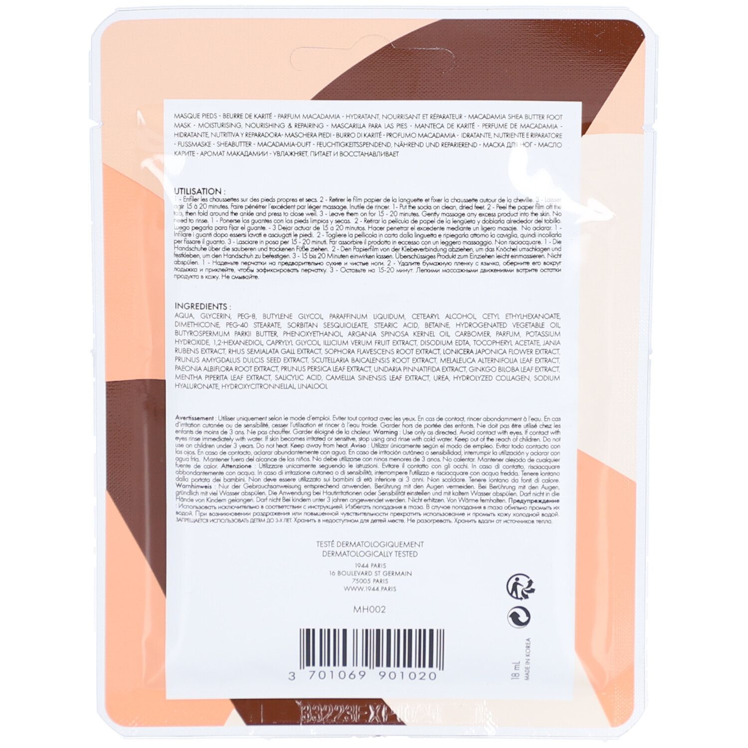 Dos du masque pieds emballé. Texte: Ingrédients, Mode d'emploi. Code-barres et logo.