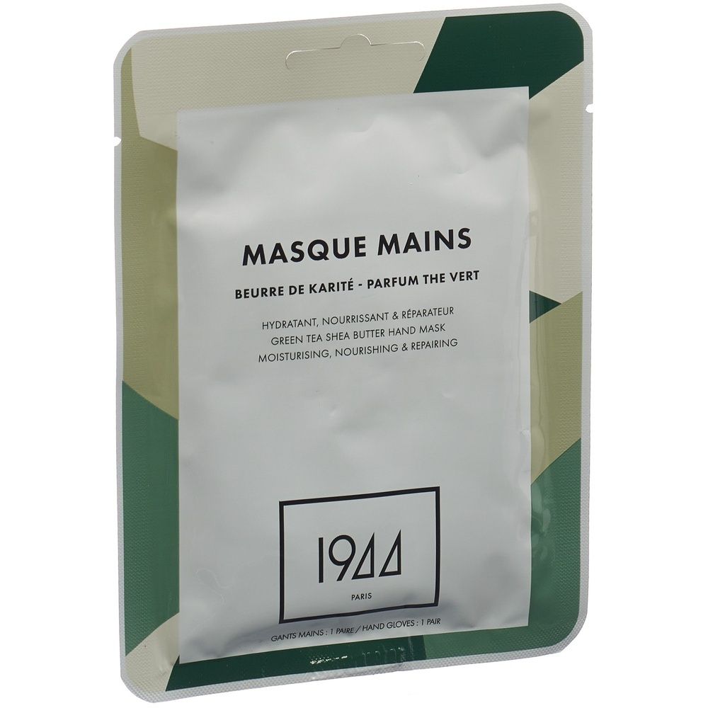 Handmasker in verpakking. Wit zakje met tekst: Masque Mains, 1944 PARIS. Groene achtergrond.