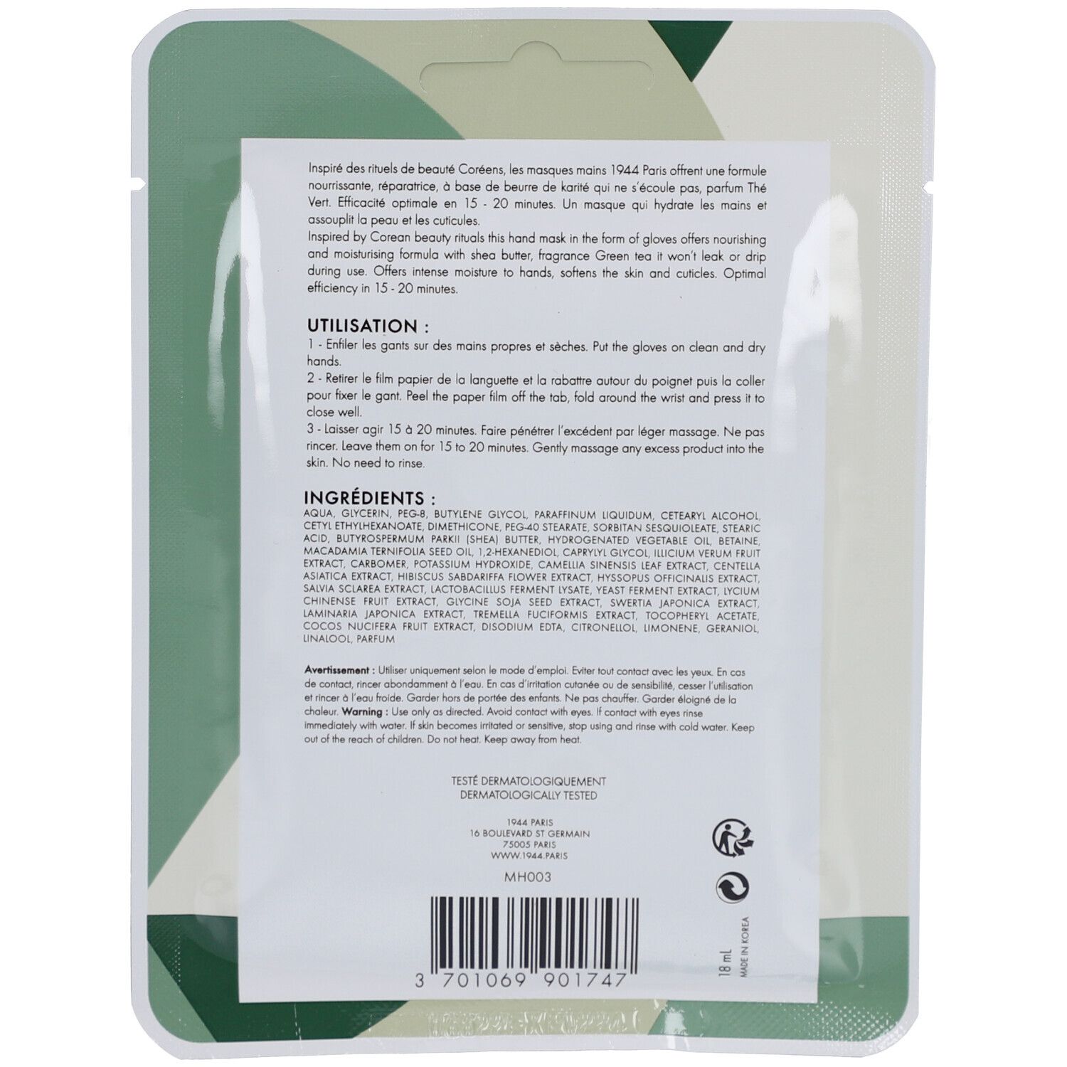 Achterkant van de handmaskerverpakking. Tekst: Ingrediënten, Gebruik. Groene achtergrond, witte tekst.