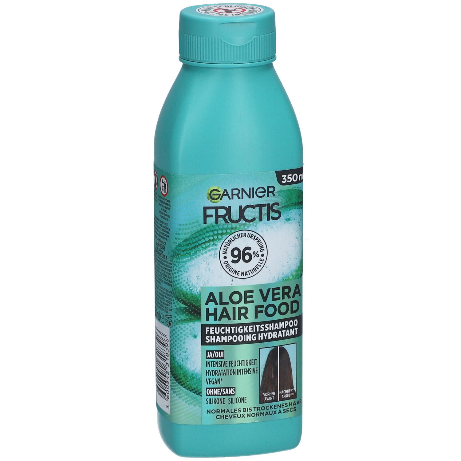 Bouteille turquoise de shampooing Garnier Fructis Aloe Vera. 96% d'origine naturelle. Pour cheveux normaux à secs.