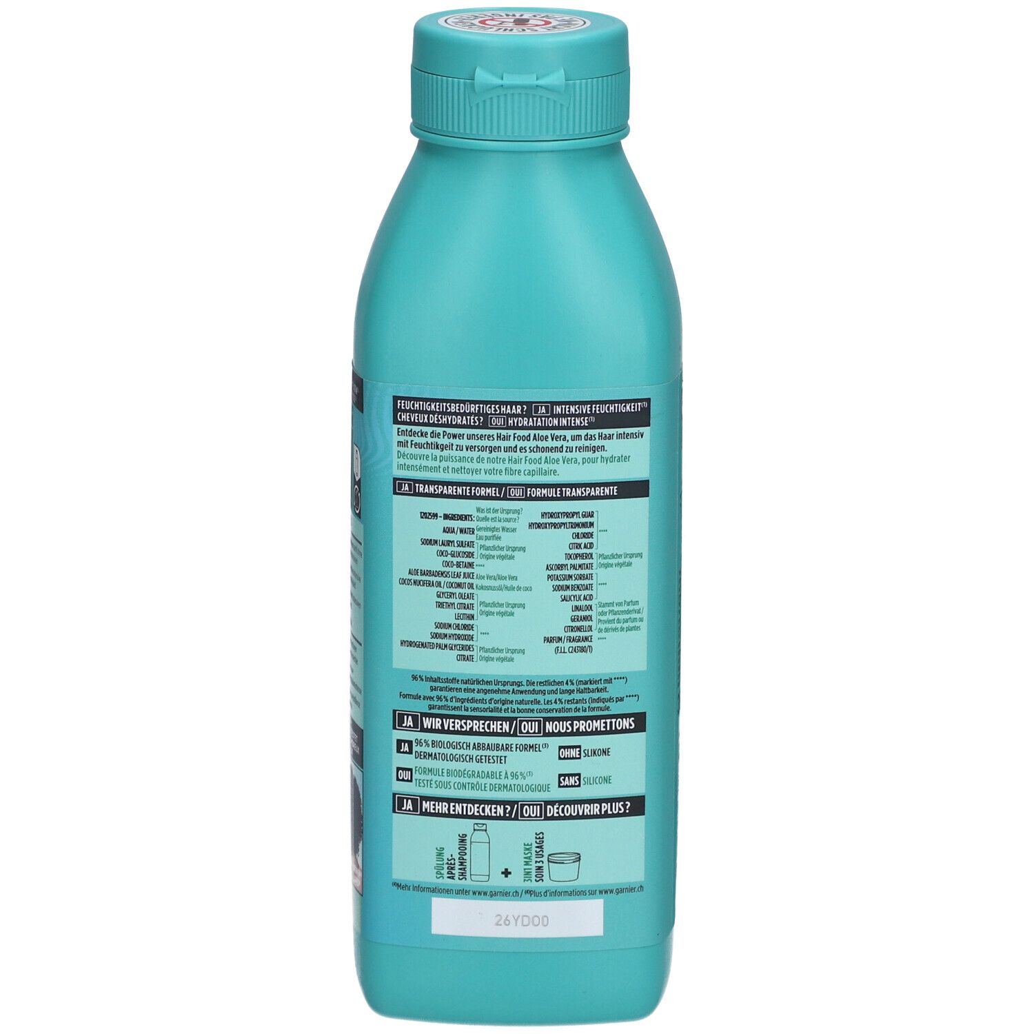 Dos de la bouteille turquoise de shampooing Garnier Fructis. Texte avec ingrédients et informations. 350 ml.