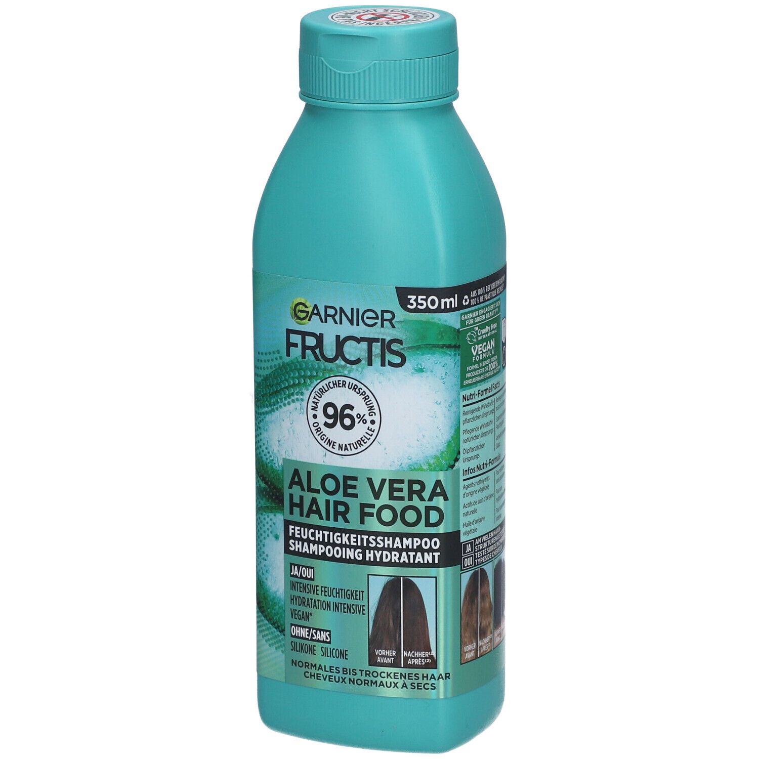Bouteille turquoise de shampooing Garnier Fructis Aloe Vera. 96% d'origine naturelle. Pour cheveux normaux à secs.