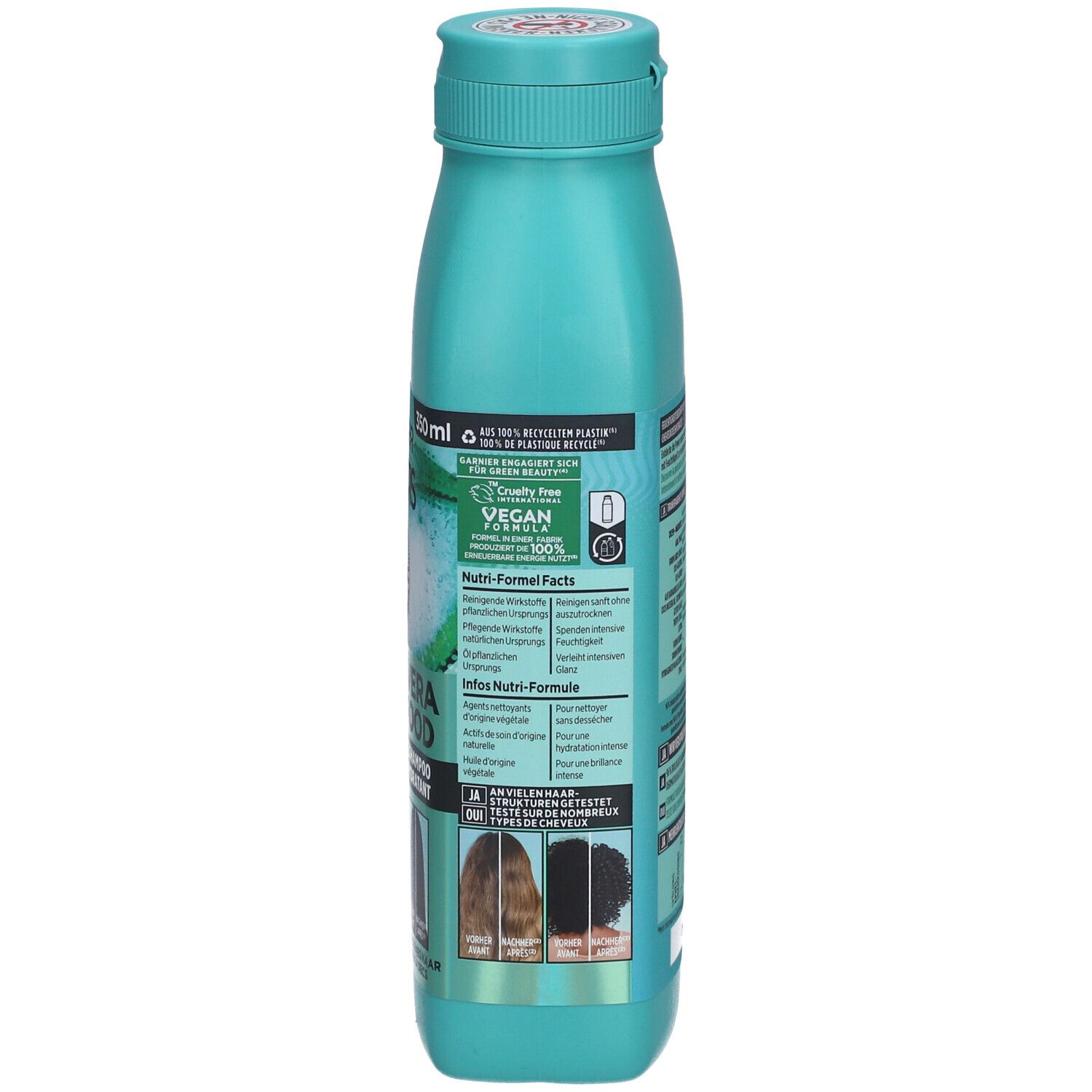 Dos de la bouteille turquoise de shampooing Garnier Fructis. Logo vegan. Informations sur les ingrédients. 350 ml.