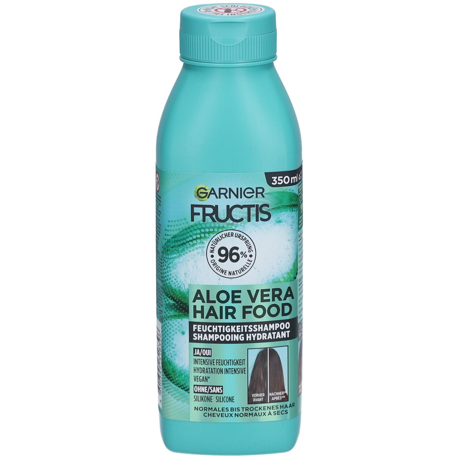 Bouteille turquoise de shampooing Garnier Fructis Aloe Vera. 96% d'origine naturelle. Pour cheveux normaux à secs.