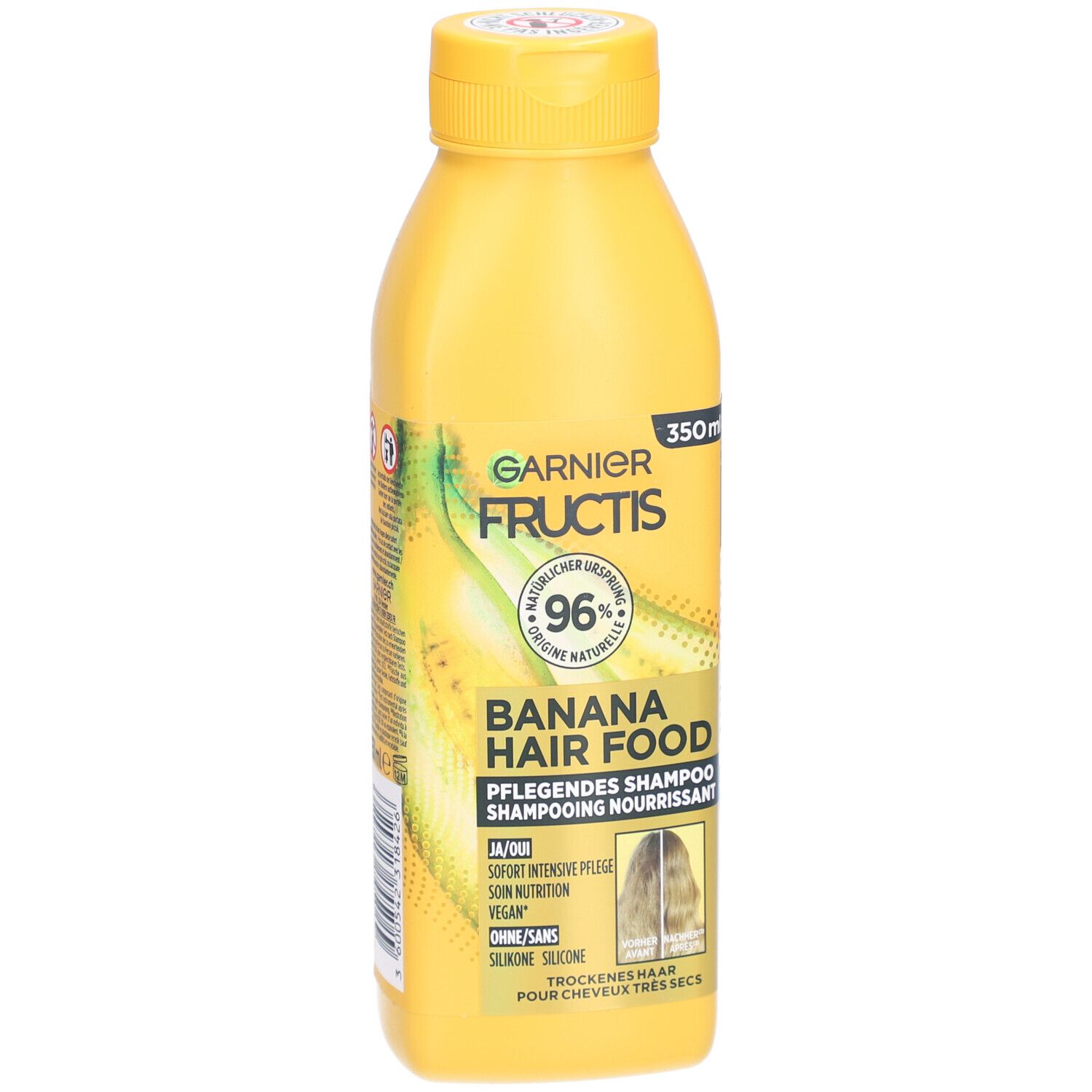 Gele shampoo fles. Opschrift: Garnier Fructis Banana Hair Food. 96% natuurlijke ingrediënten. 350ml.