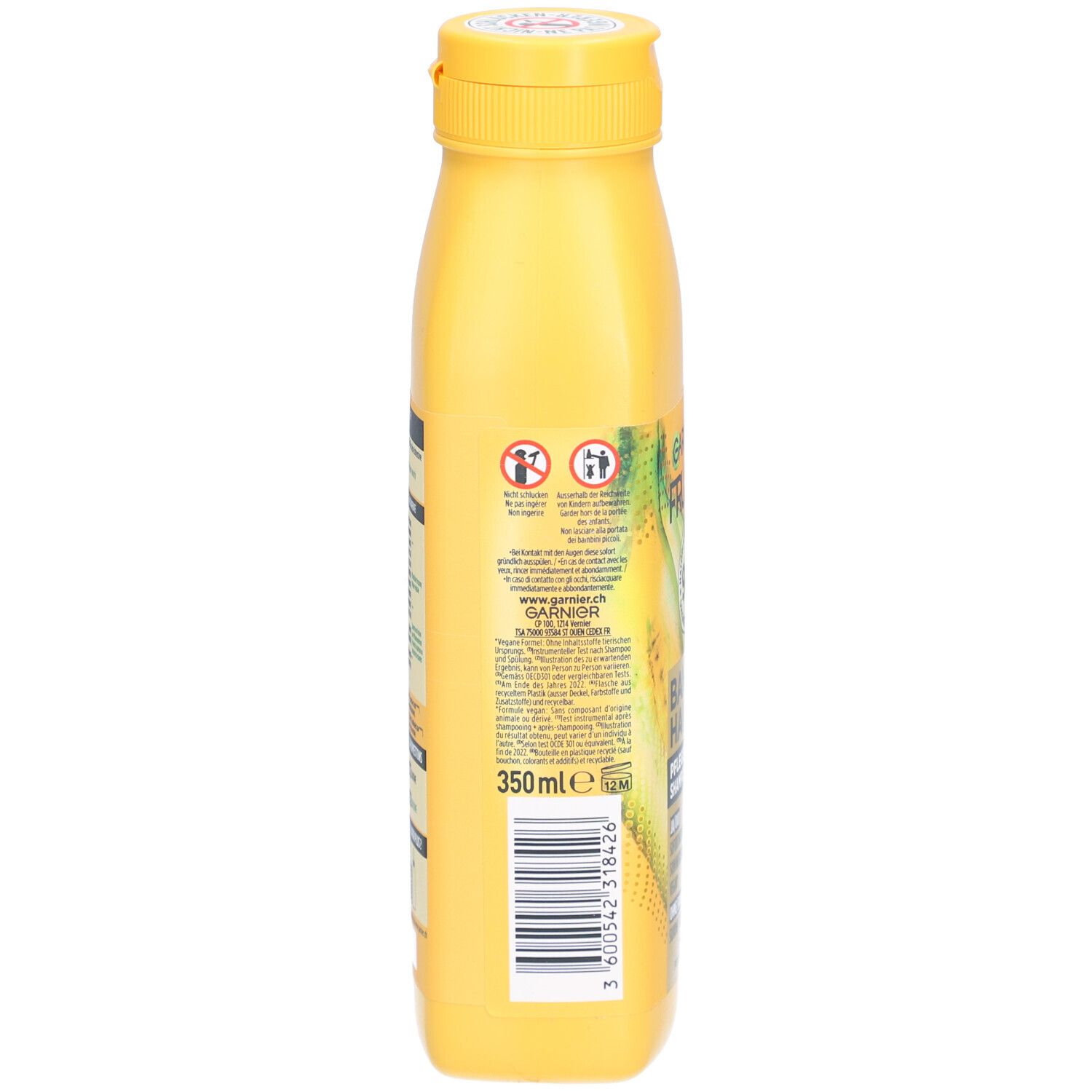 Achterkant van de gele shampoo fles. Bevat informatie en barcode. 350ml.