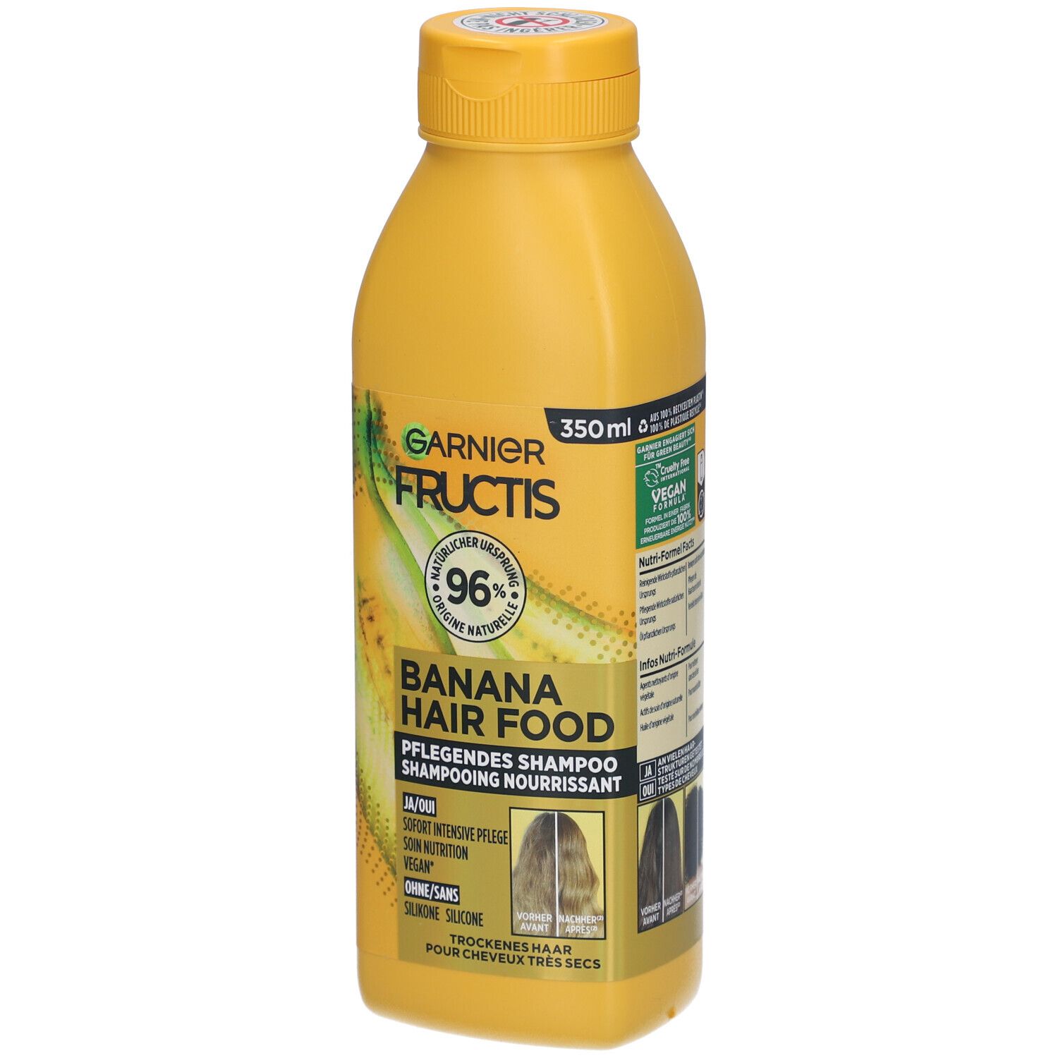 Gele shampoo fles. Opschrift: Garnier Fructis Banana Hair Food. 96% natuurlijke ingrediënten. 350ml.