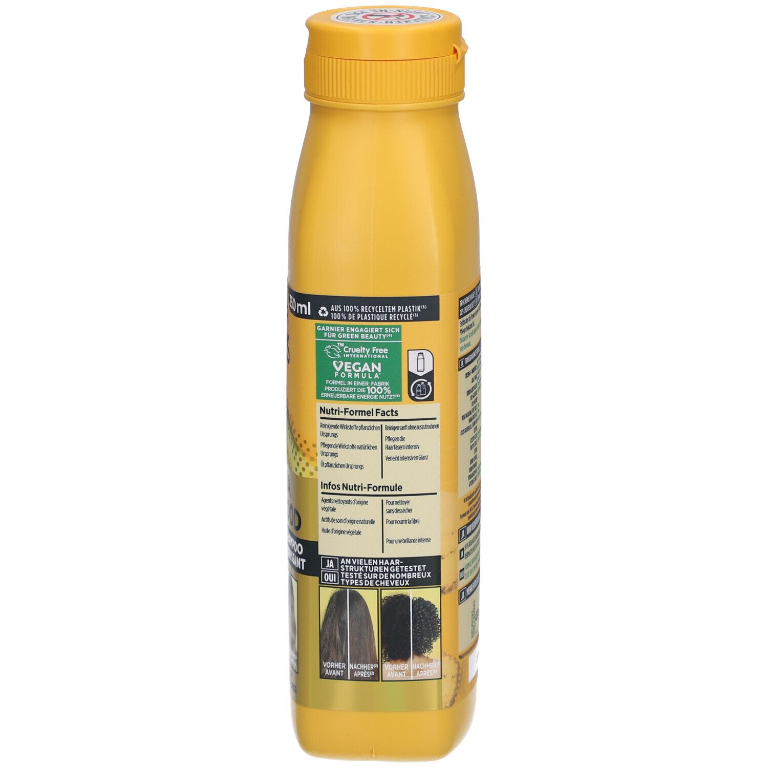 Achterkant van de gele shampoo fles. Bevat informatie, vegan logo en recycling instructies. 350ml.