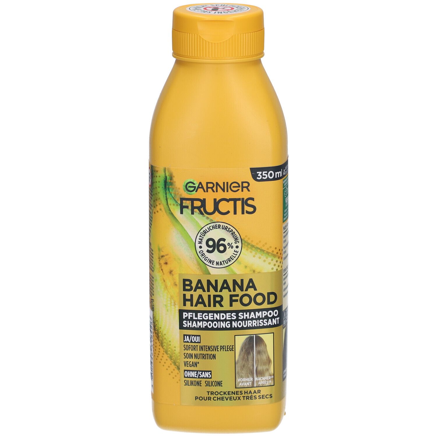 Gele shampoo fles. Opschrift: Garnier Fructis Banana Hair Food. 96% natuurlijke ingrediënten. 350ml.