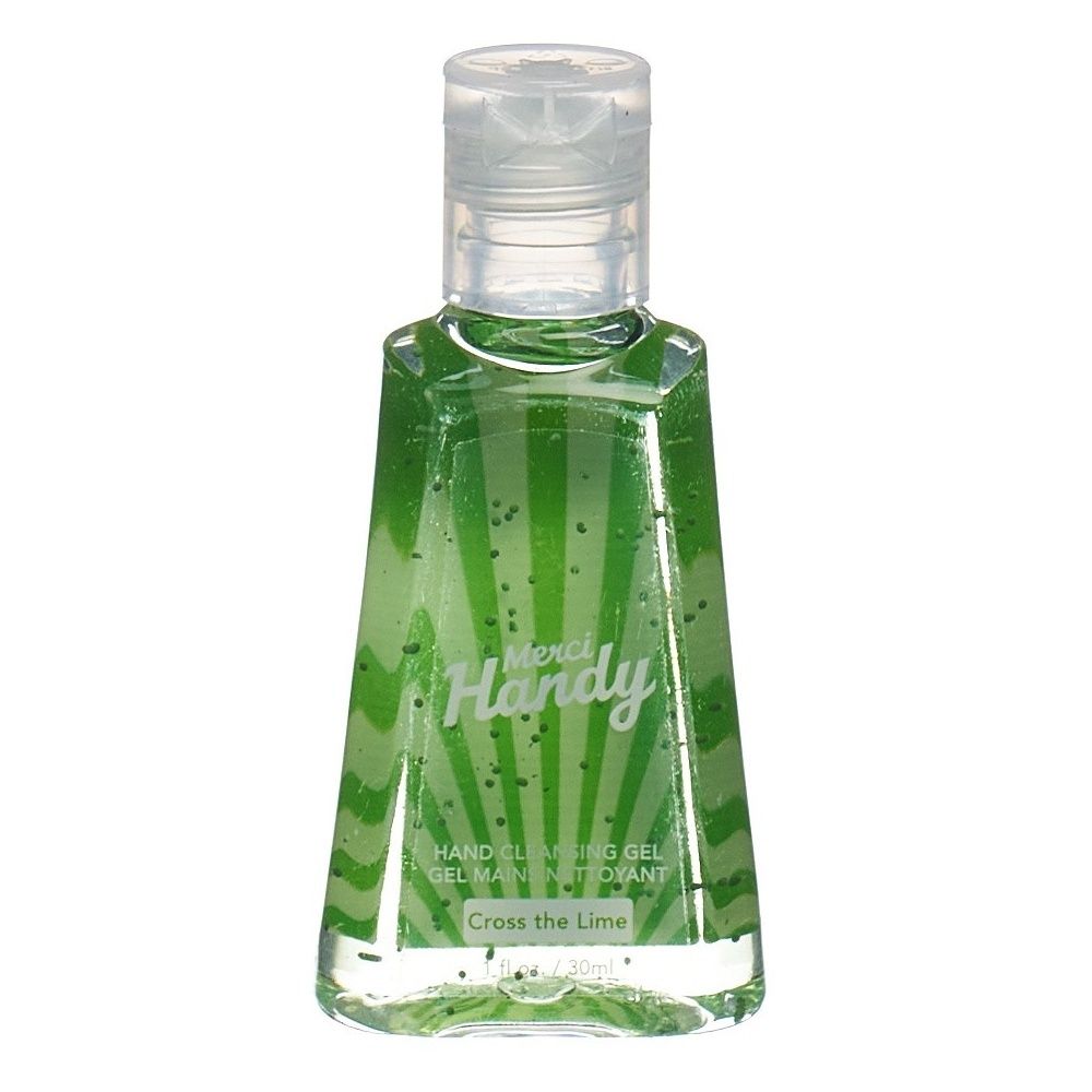 Gel nettoyant mains vert, bouchon blanc. Inscription: Merci Handy, Cross the Lime. Motif rayons de soleil.