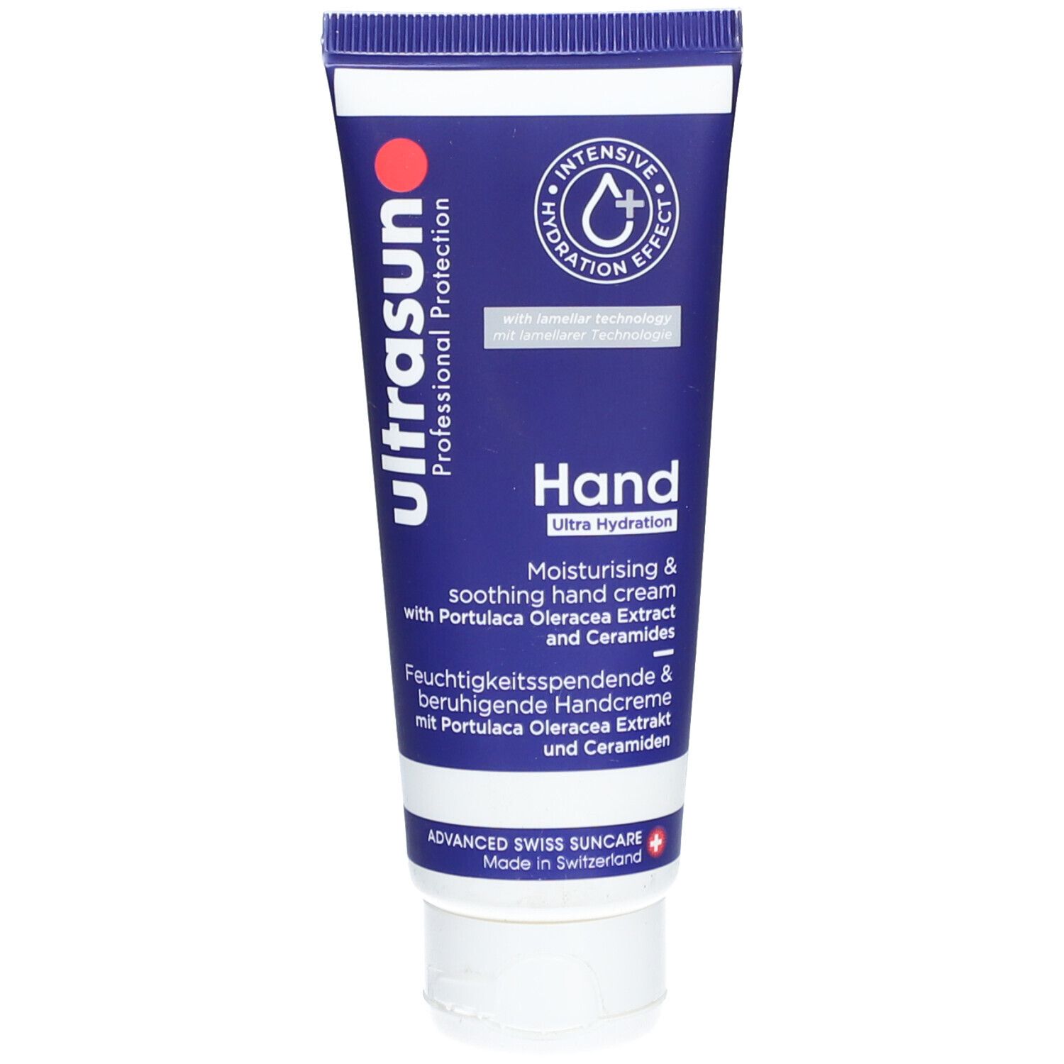 Tube de crème pour les mains bleue. Inscription: Ultrasun, Hand Ultra Hydration. Crème hydratante pour les mains.