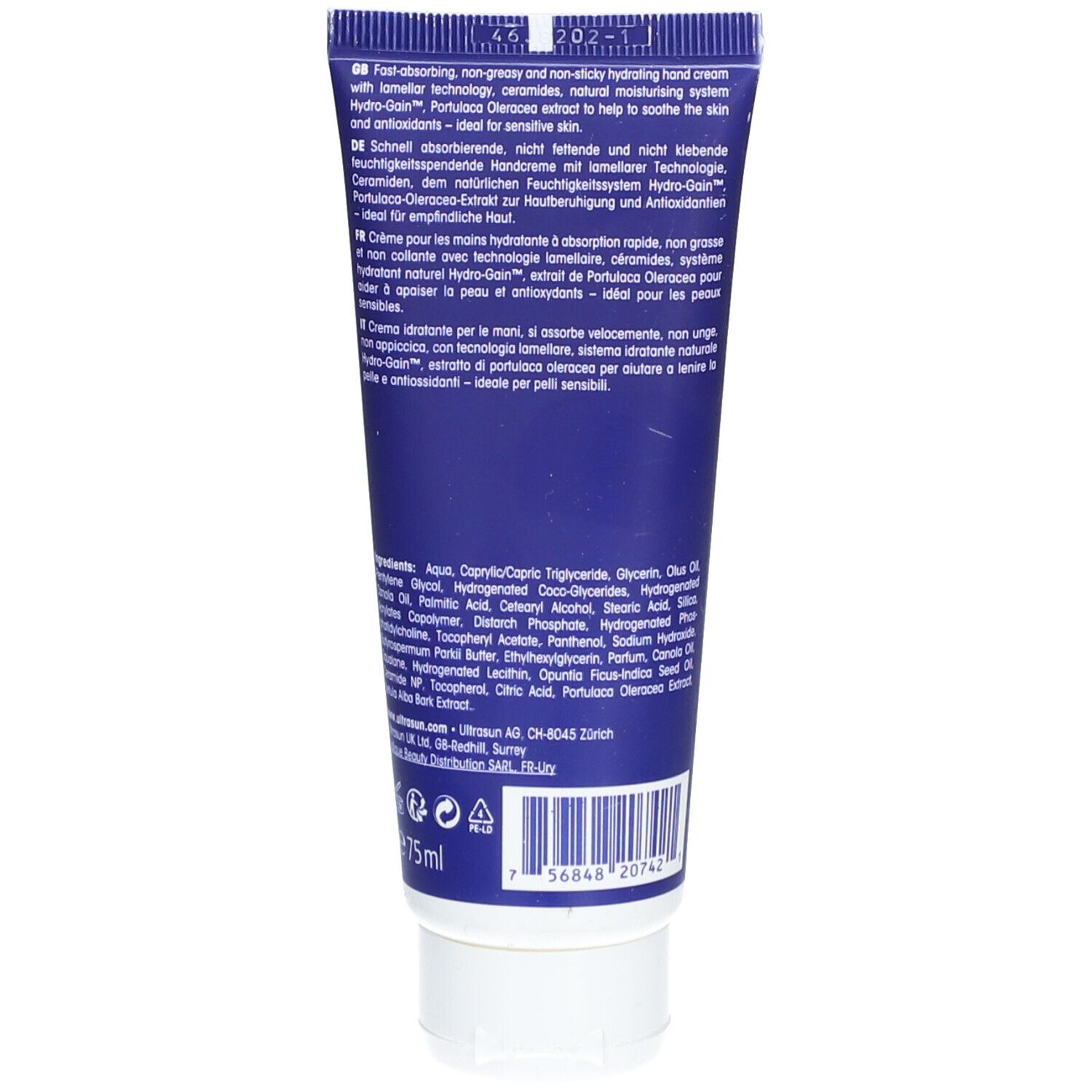 Dos du tube de crème pour les mains. Texte bleu sur fond blanc. Texte en allemand et en anglais.