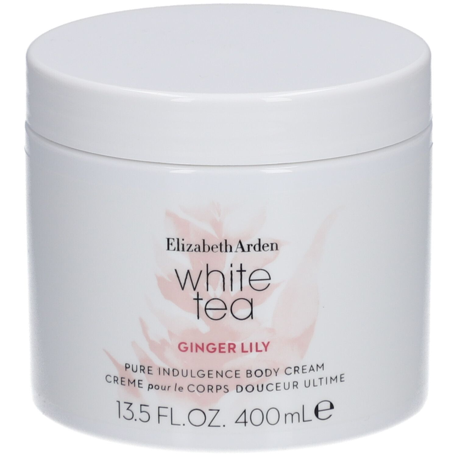 Pot blanc avec couvercle. Inscription: Elizabeth Arden White Tea Ginger Lily Body Cream. 13.5 FL.OZ. 400 ml.