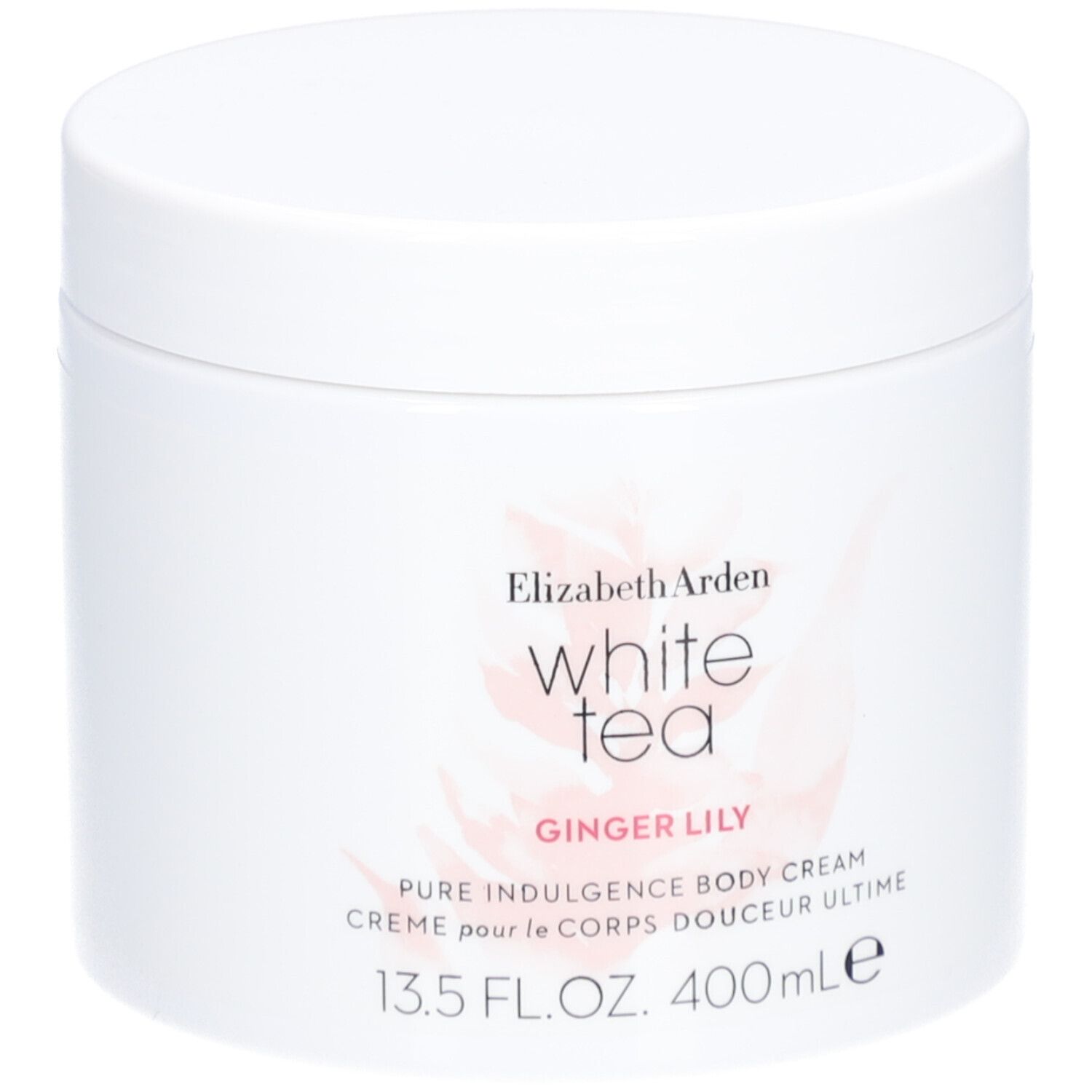 Pot blanc avec couvercle. Inscription: Elizabeth Arden White Tea Ginger Lily Body Cream. 13.5 FL.OZ. 400 ml.