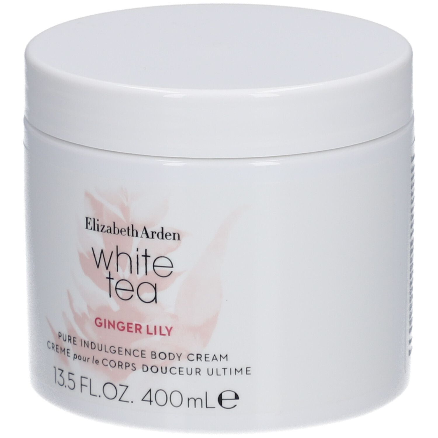 Pot blanc avec couvercle. Inscription: Elizabeth Arden White Tea Ginger Lily Body Cream. 13.5 FL.OZ. 400 ml.