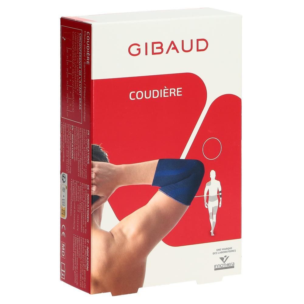 Verpakking met GIBAUD elleboogbeschermer. Rode achtergrond met productafbeelding. Tekst: COUDIÈRE.
