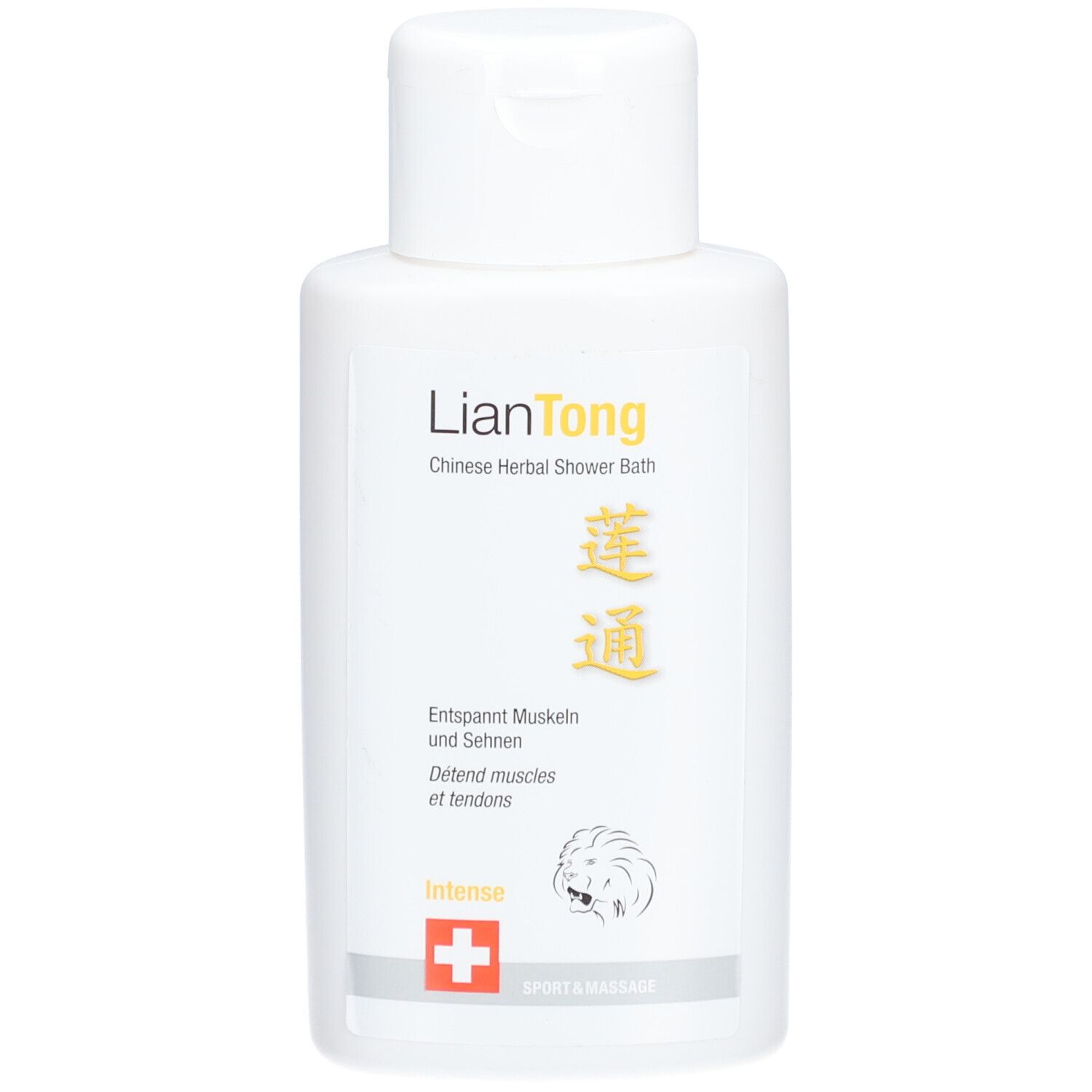 Witte fles met etiket. Tekst: LianTong Chinese Herbal Shower Bath. Logo, Chinese karakters, tekst in het Duits en Engels. Intense.