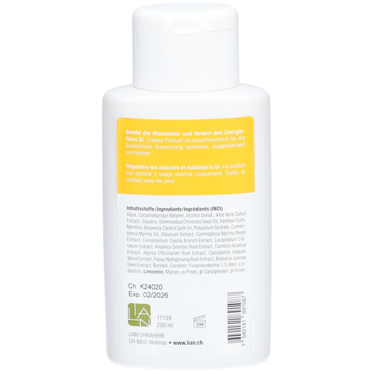 Achterkant van de witte fles. Tekst: Ingrediënten, gebruiksaanwijzing, chargenummer, vervaldatum, logo. 200 ml.