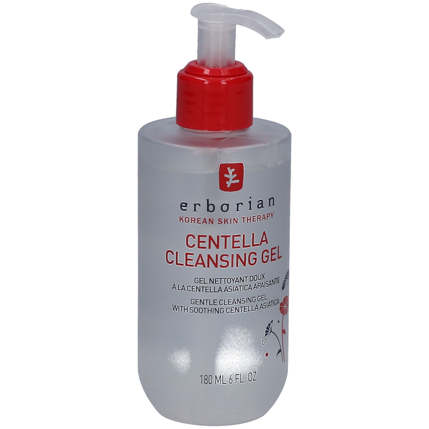 Erborian Centella Cleansing Gel in doorzichtige fles met rode pompdos.